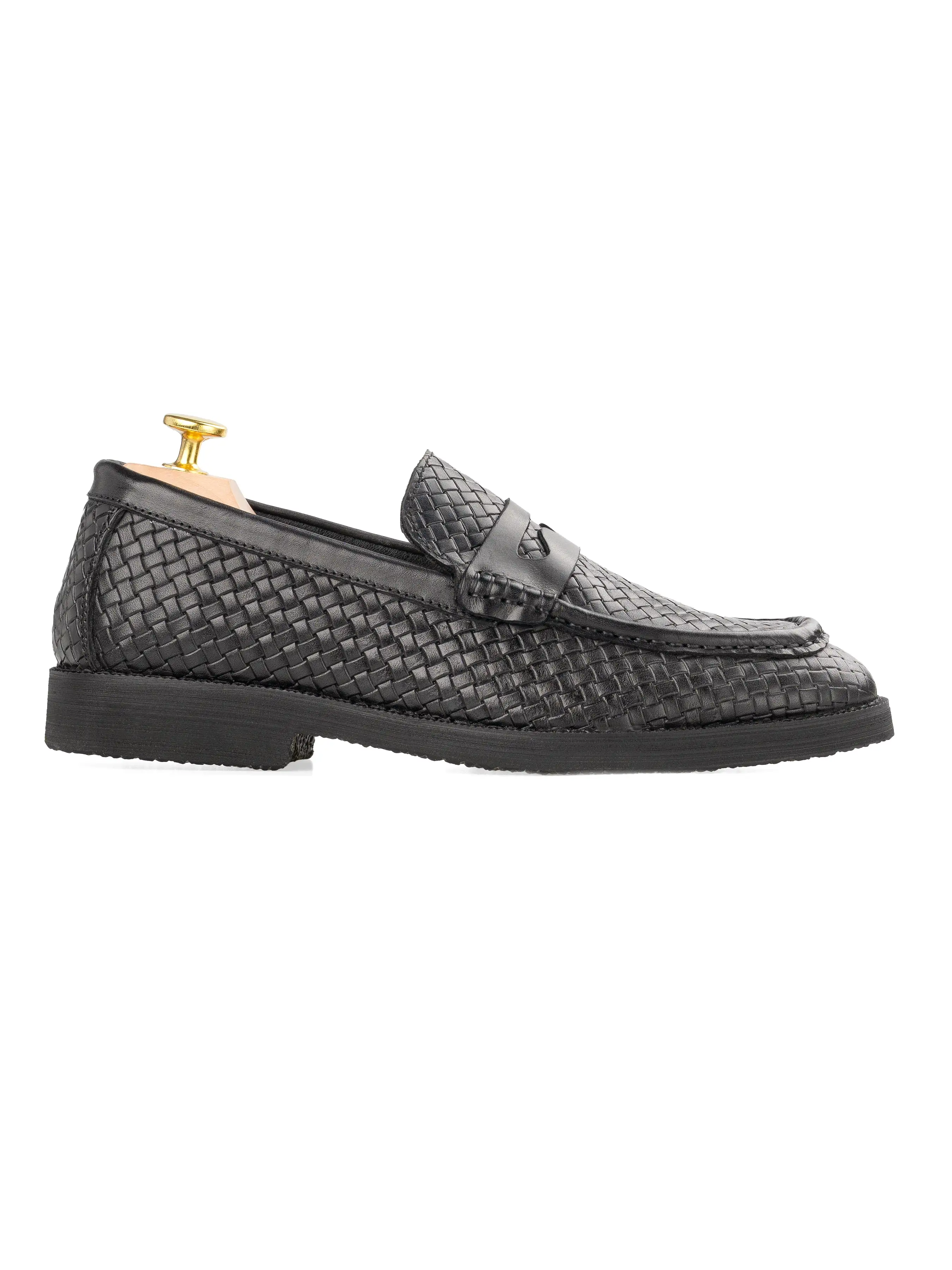 Penny Moccasin Loafer - Black Woven Leather (Crepe Sole)