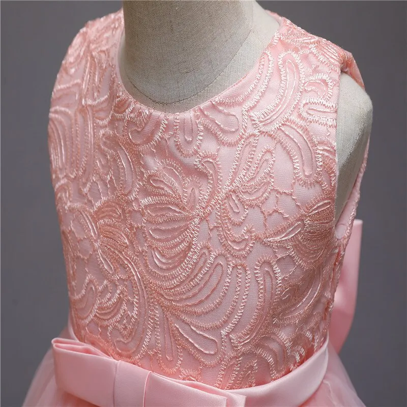 Pink Lace Girls Princess Dress For Kids Wedding Formal Evening Sleeveless Long Tail Gown Children Embroidery Pageant Vestidos