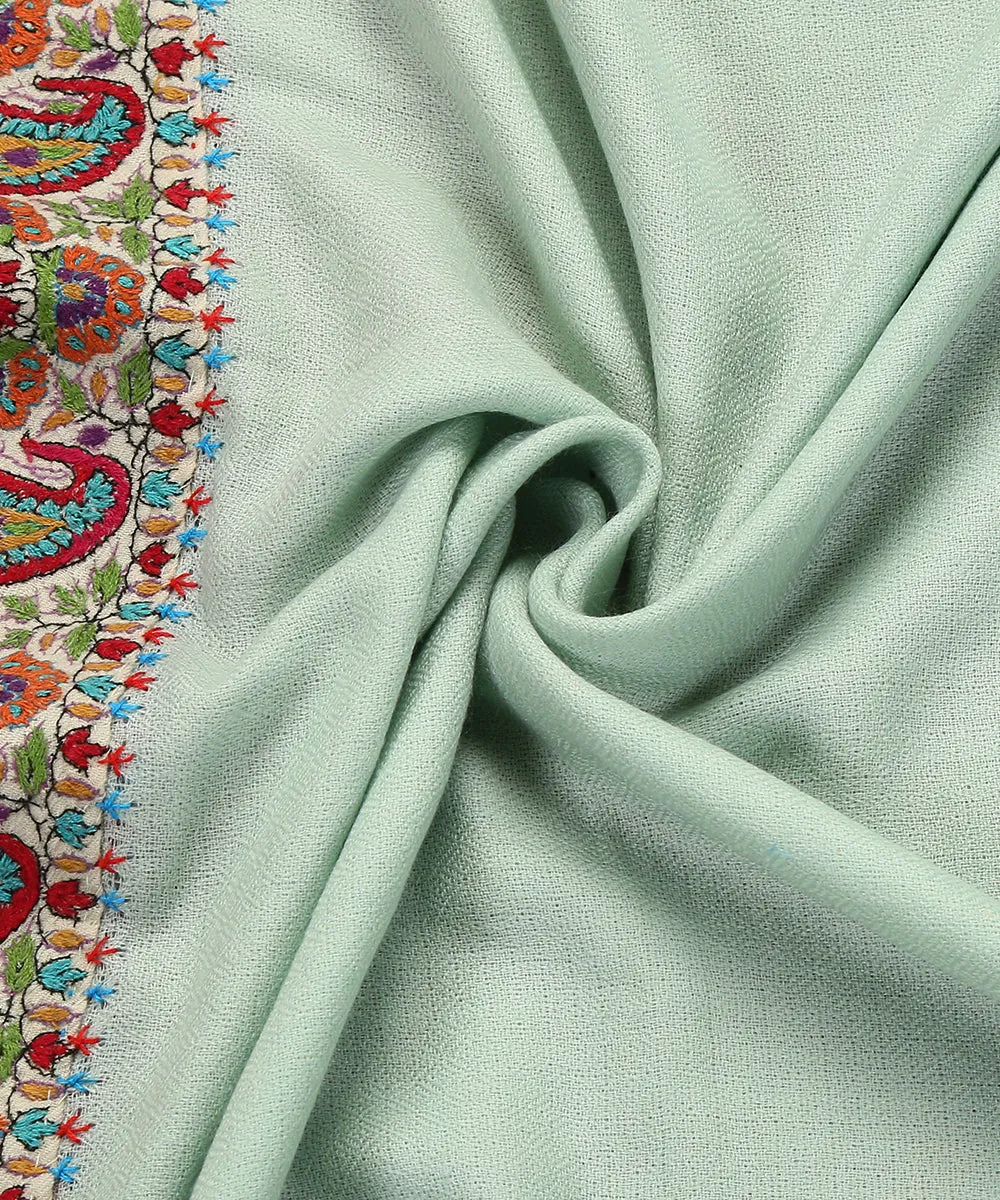 Pista Green Handwoven Pure Pashmina Stole With Hand Appliqued Kashidakari Border