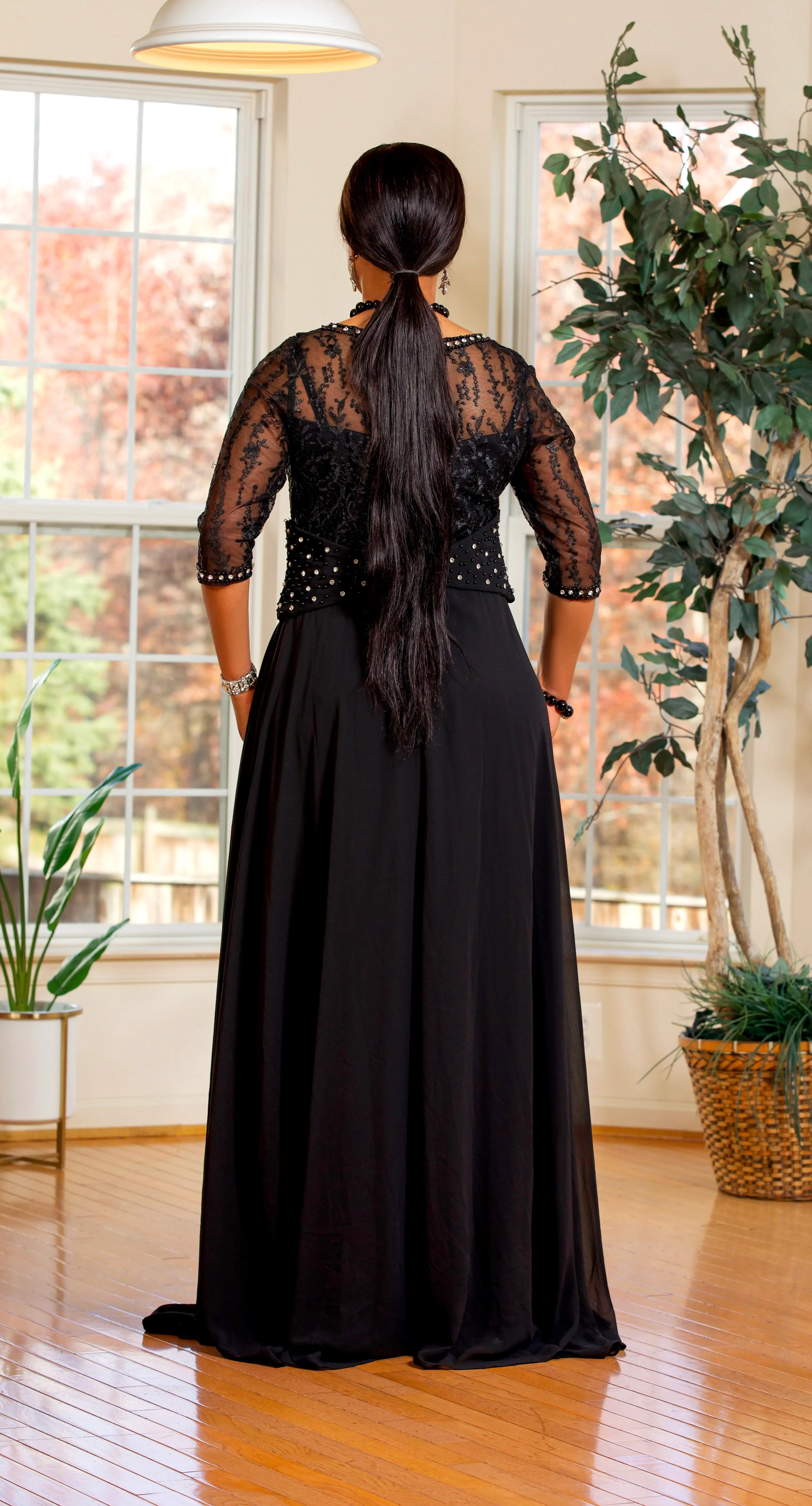 RHINESTONE FLOOR LENGTH MAXI DRESS(BLACK)