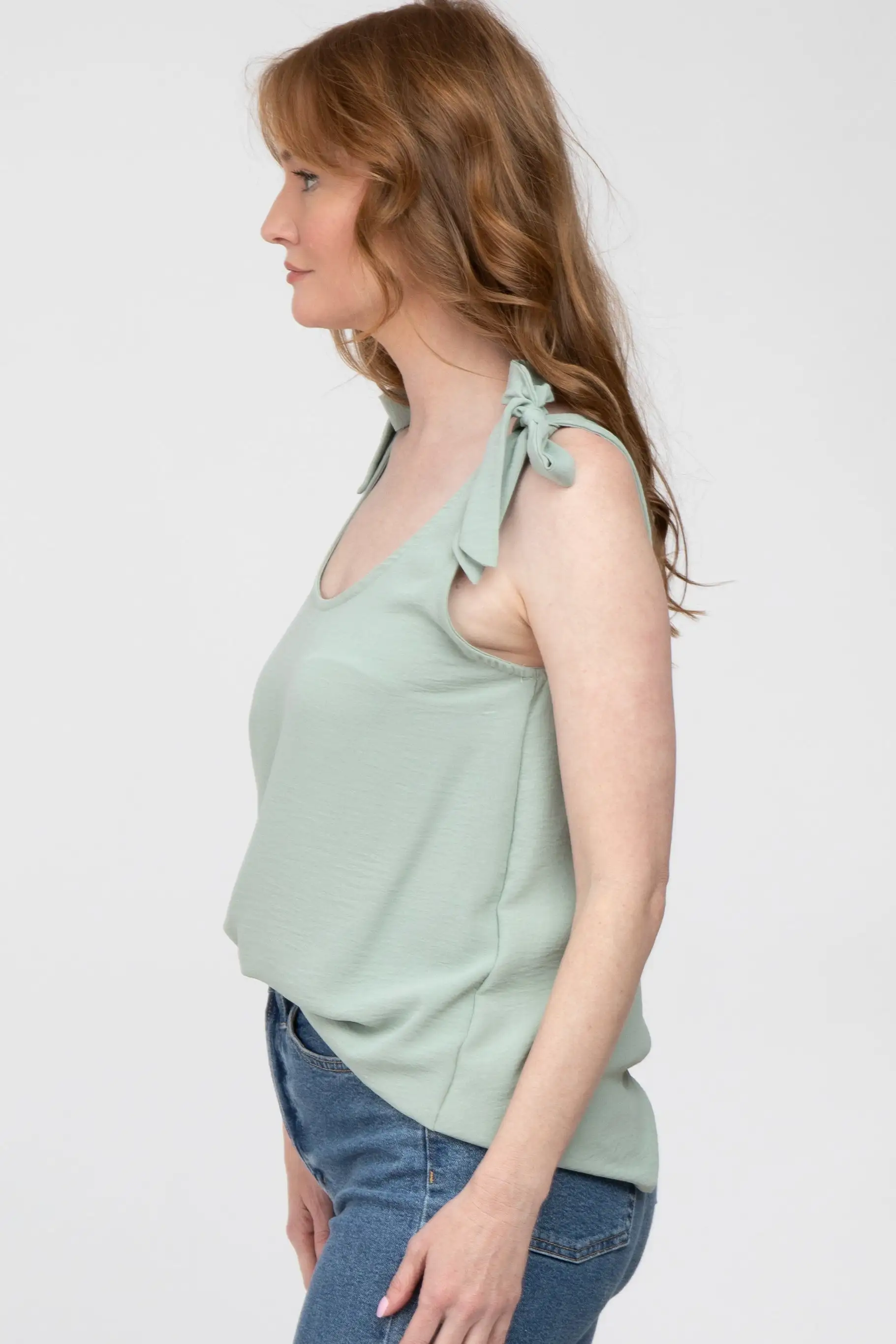 Sage Bow Shoulder Accent Sleeveless Top