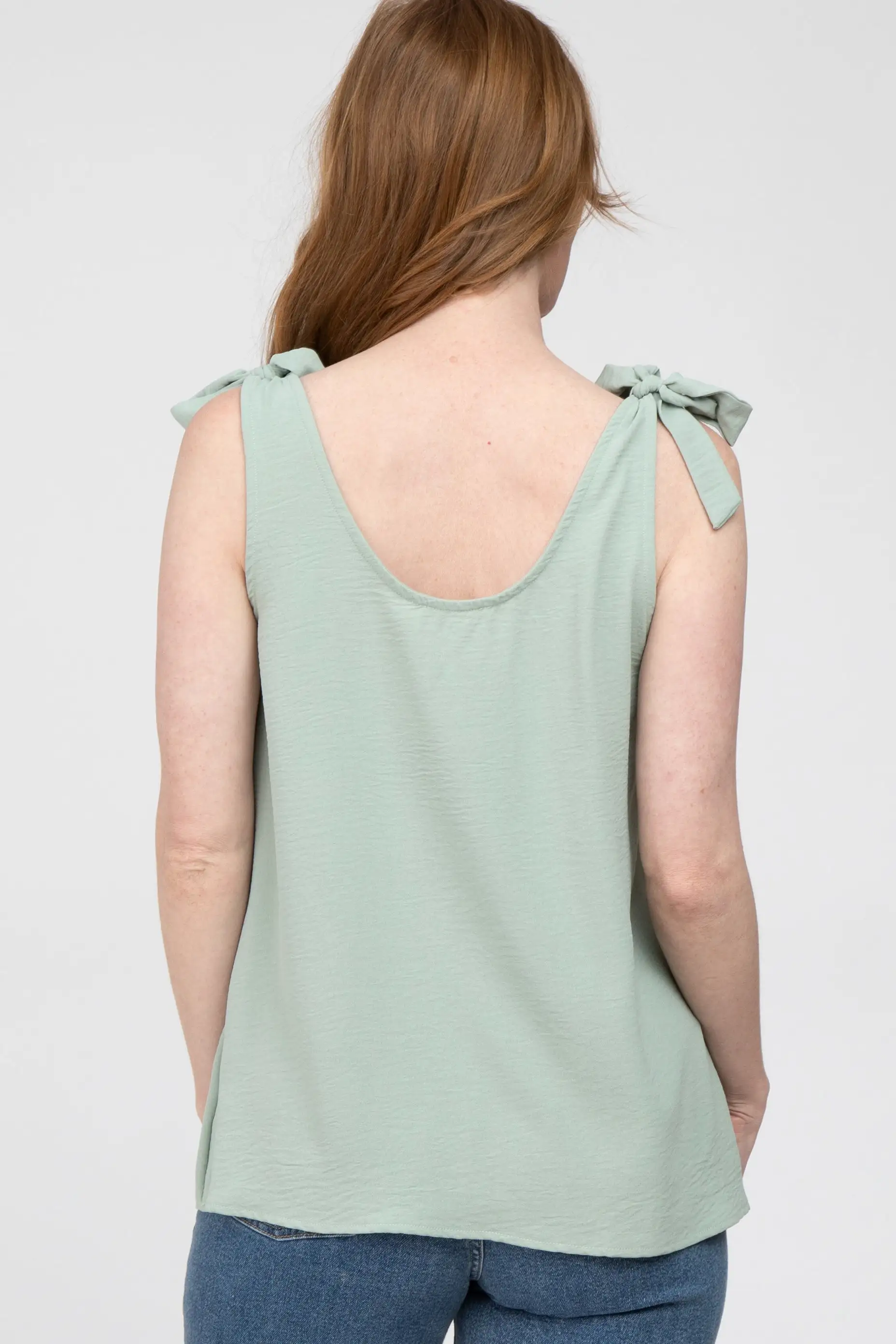 Sage Bow Shoulder Accent Sleeveless Top