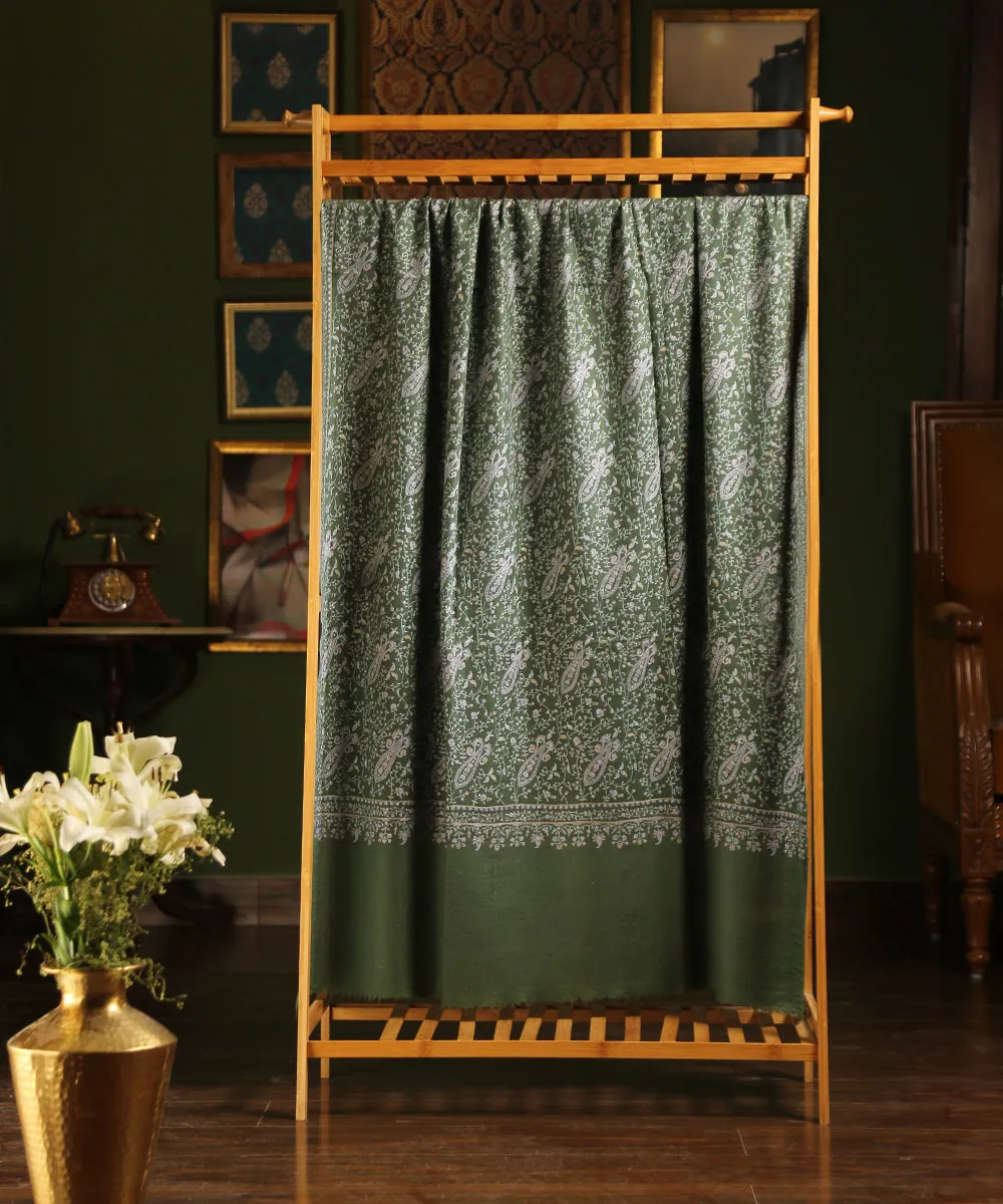 Sage Green Handwoven Pure Pashmina Shawl With All Over Sozni Kari Jaal