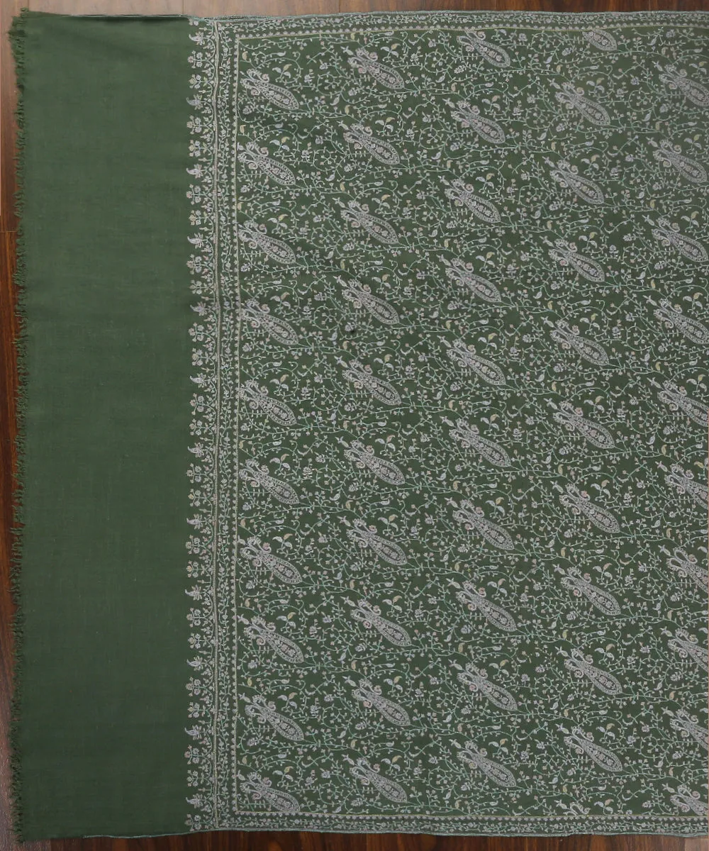 Sage Green Handwoven Pure Pashmina Shawl With All Over Sozni Kari Jaal