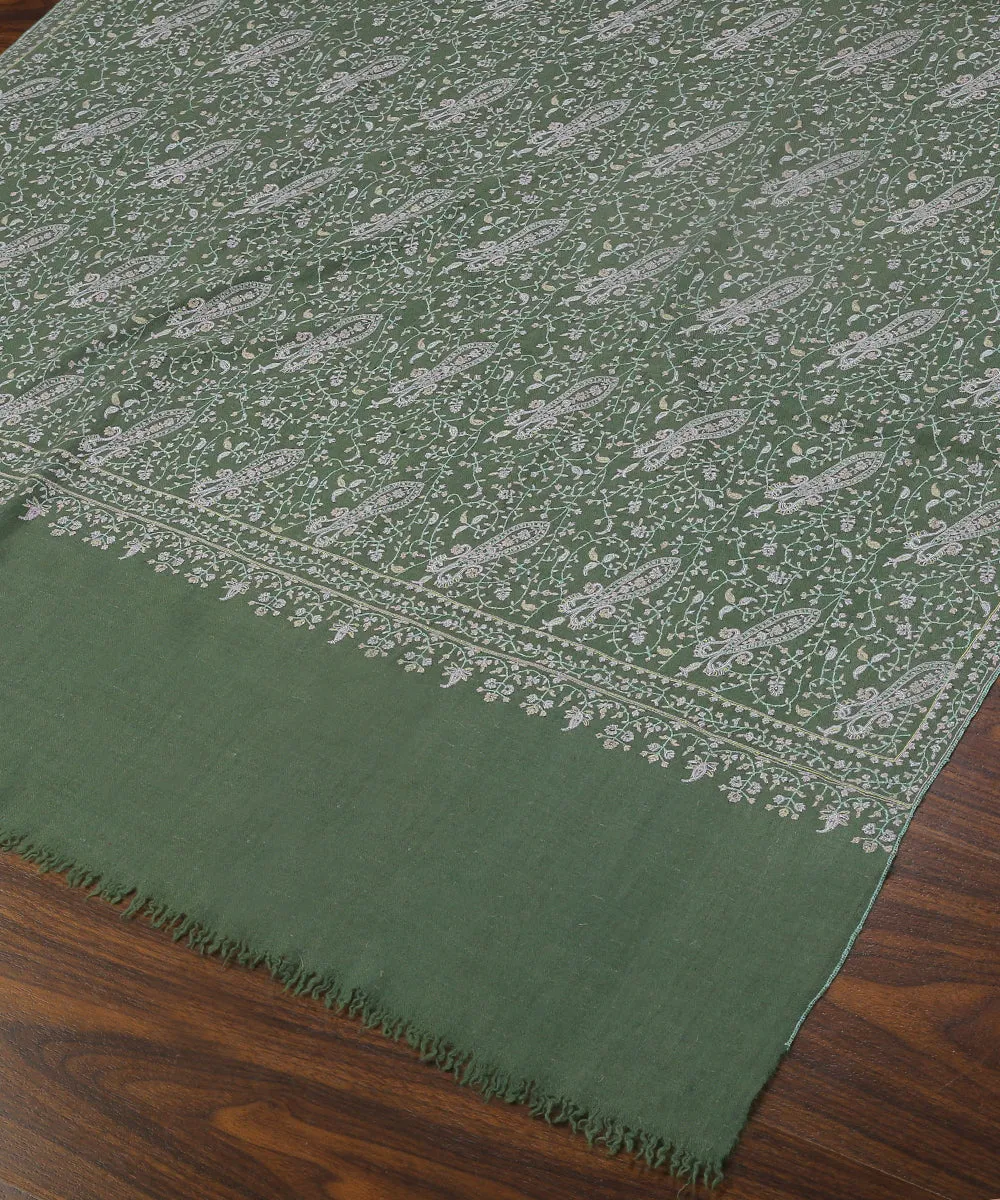 Sage Green Handwoven Pure Pashmina Shawl With All Over Sozni Kari Jaal