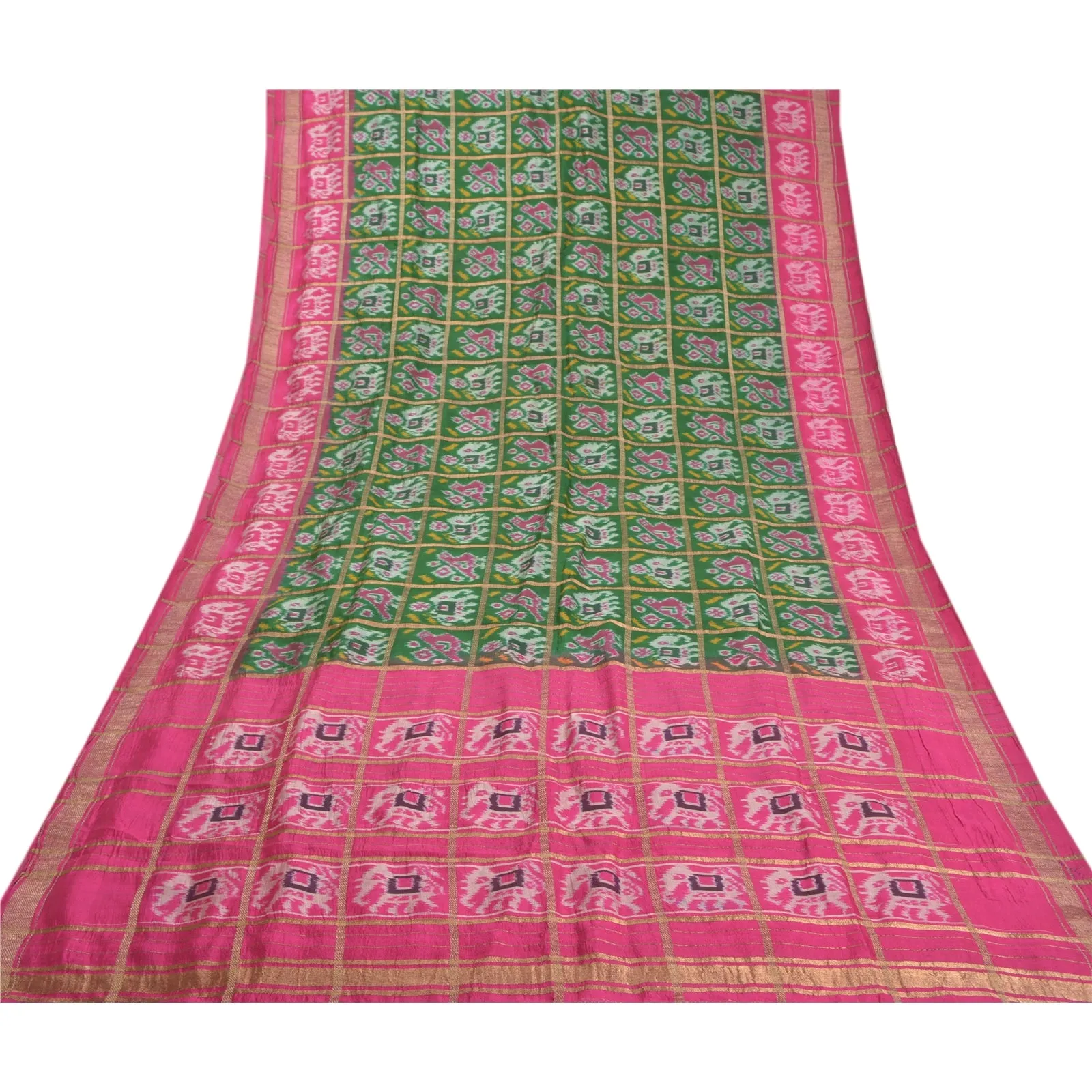 Sanskriti Vintage Pure Silk Patan Patola Green Sarees HandWoven Ikat Sari Fabric