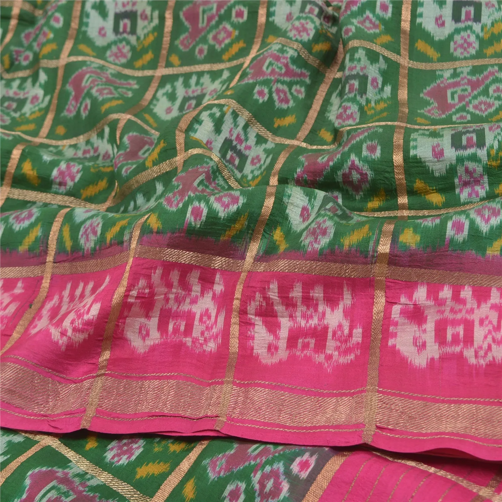 Sanskriti Vintage Pure Silk Patan Patola Green Sarees HandWoven Ikat Sari Fabric