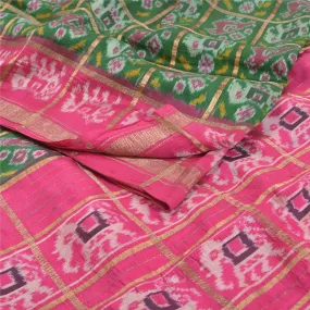 Sanskriti Vintage Pure Silk Patan Patola Green Sarees HandWoven Ikat Sari Fabric