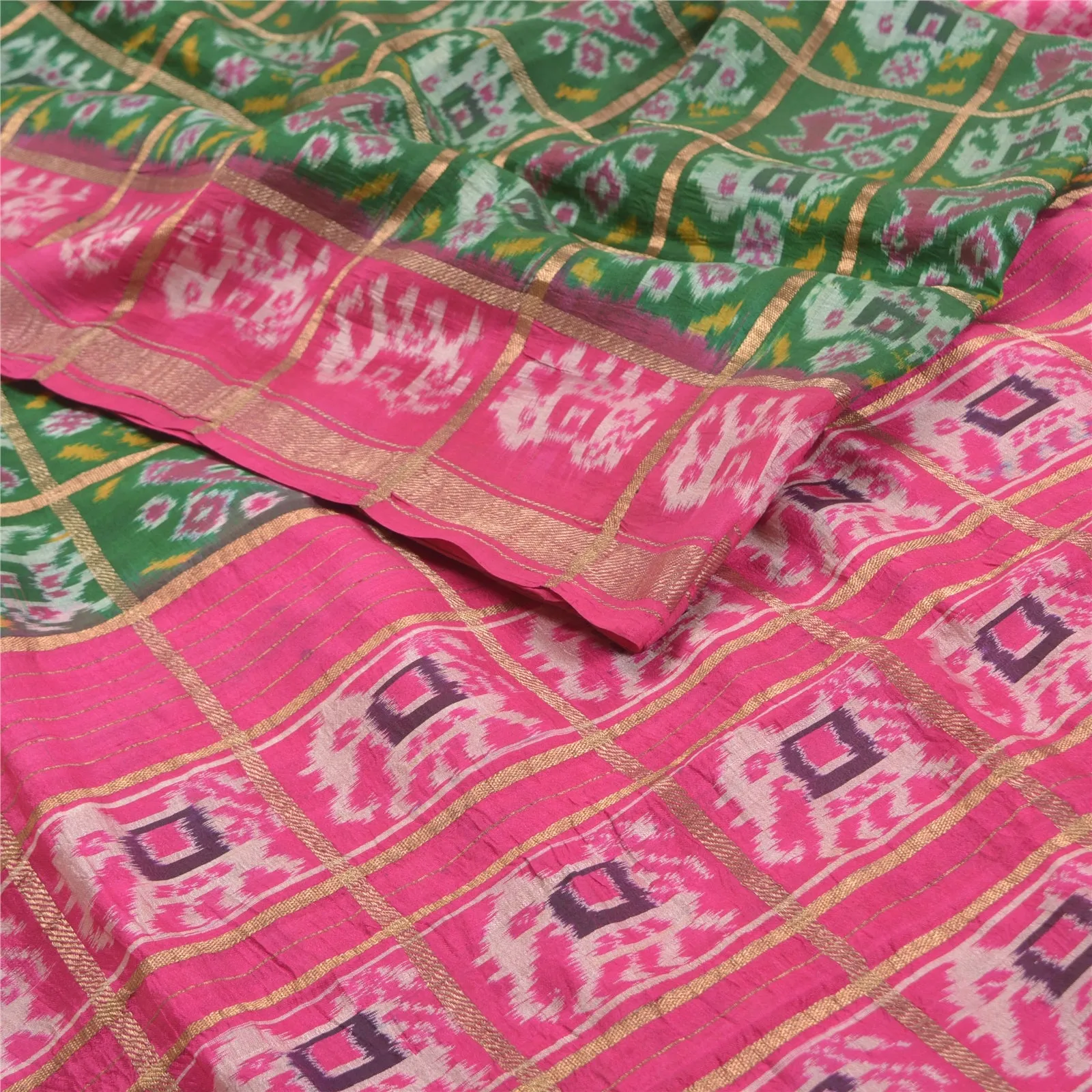 Sanskriti Vintage Pure Silk Patan Patola Green Sarees HandWoven Ikat Sari Fabric