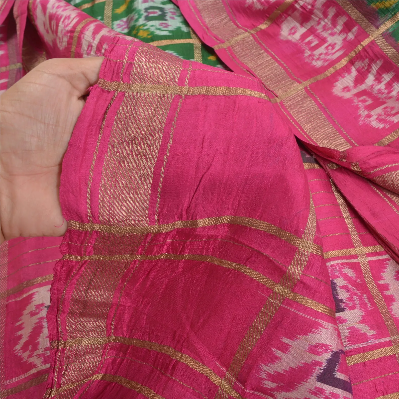 Sanskriti Vintage Pure Silk Patan Patola Green Sarees HandWoven Ikat Sari Fabric