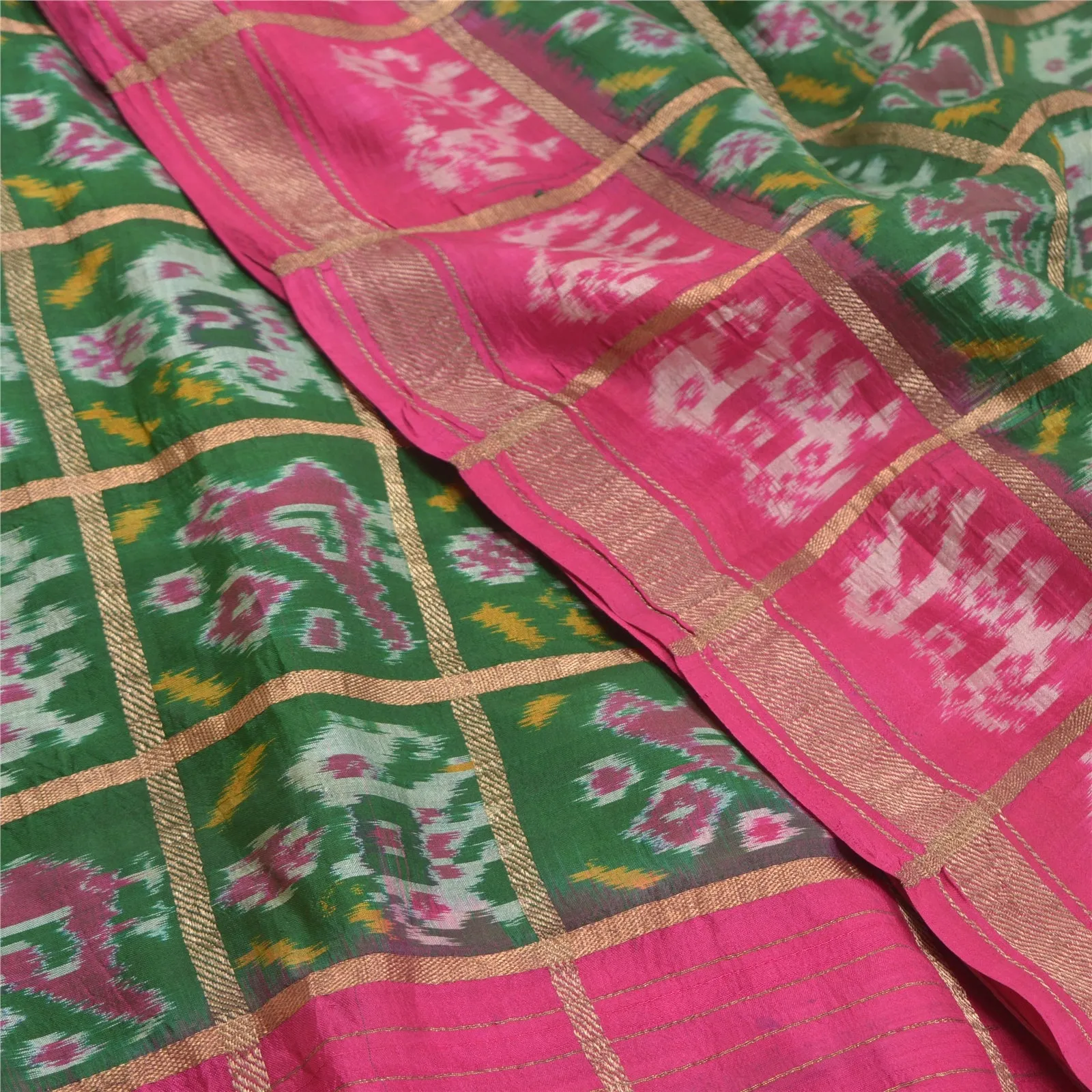 Sanskriti Vintage Pure Silk Patan Patola Green Sarees HandWoven Ikat Sari Fabric