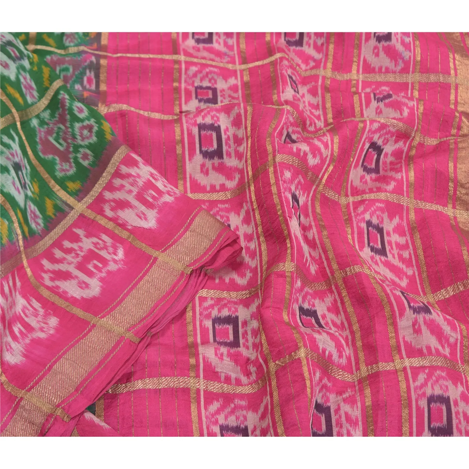 Sanskriti Vintage Pure Silk Patan Patola Green Sarees HandWoven Ikat Sari Fabric