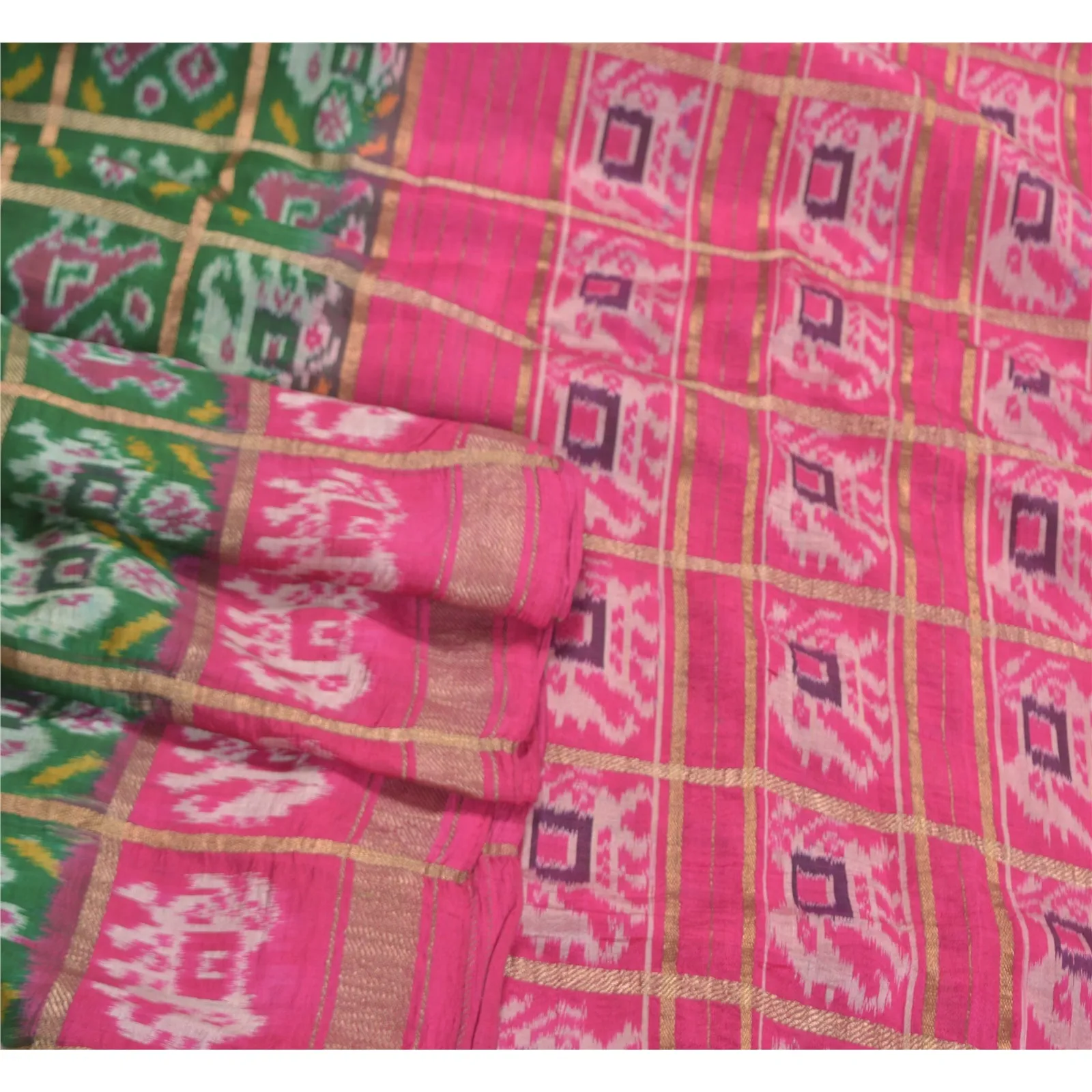 Sanskriti Vintage Pure Silk Patan Patola Green Sarees HandWoven Ikat Sari Fabric