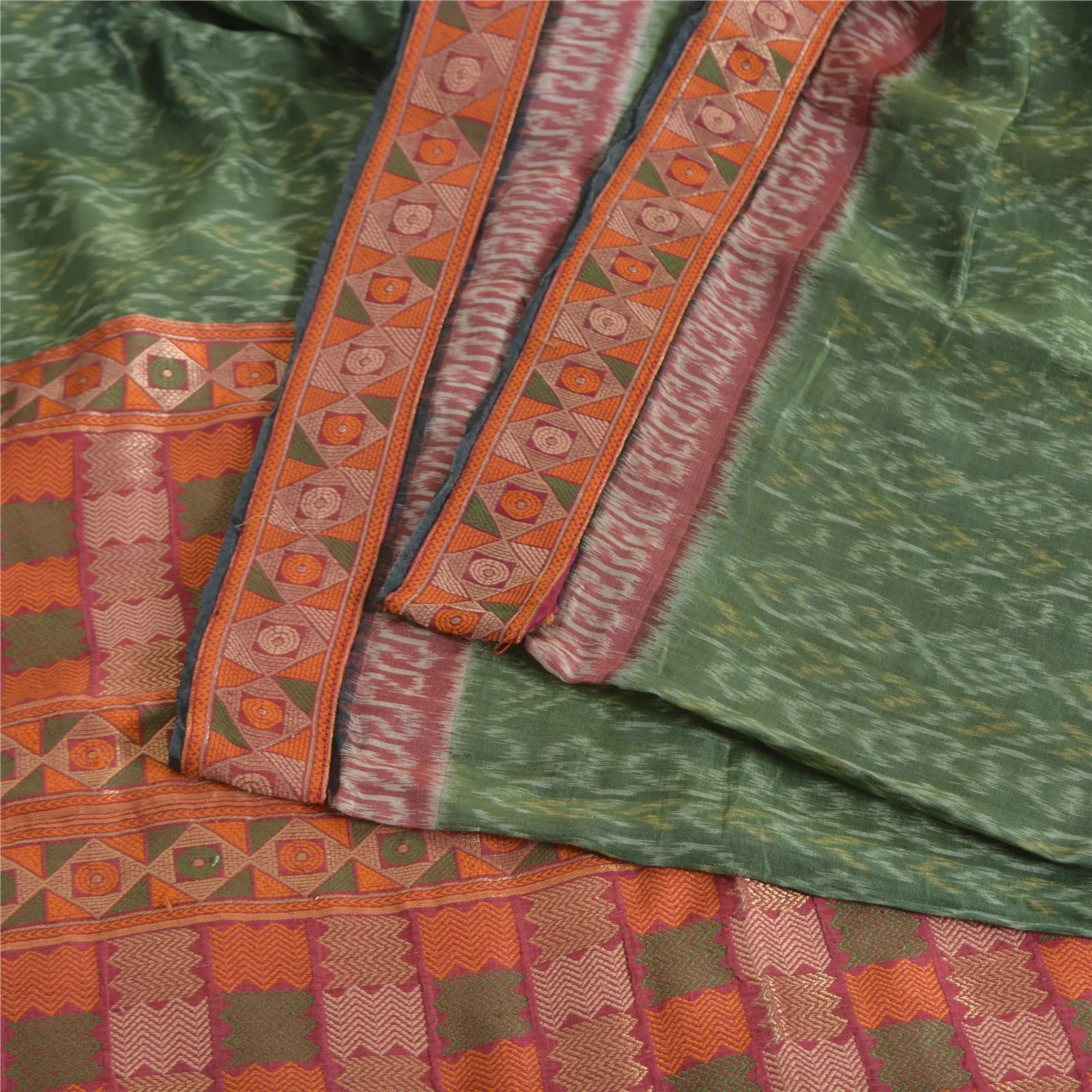 Sanskriti Vintage Saree Green HandWoven Ikat/Patch Pure Cotton Sari Craft Fabric