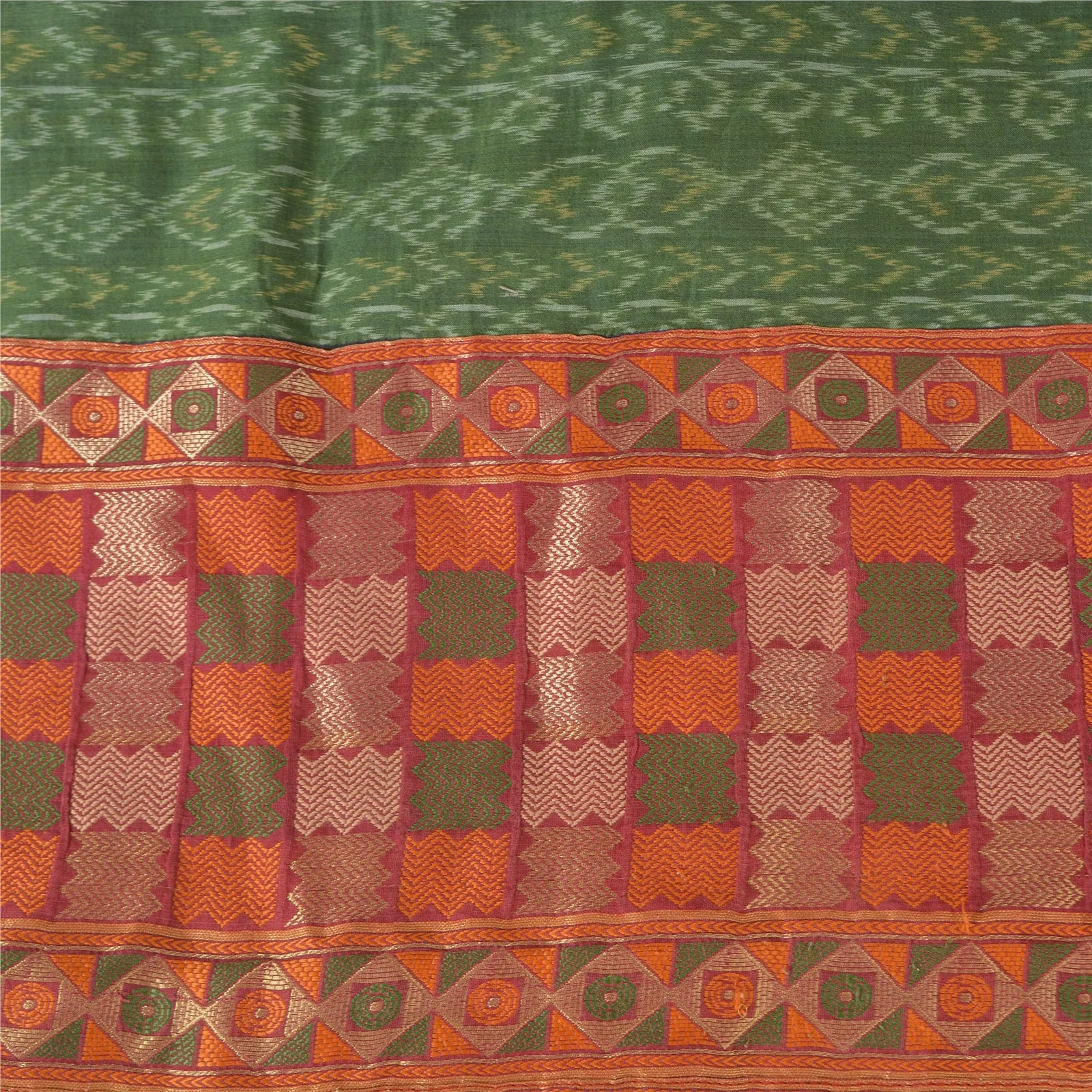 Sanskriti Vintage Saree Green HandWoven Ikat/Patch Pure Cotton Sari Craft Fabric