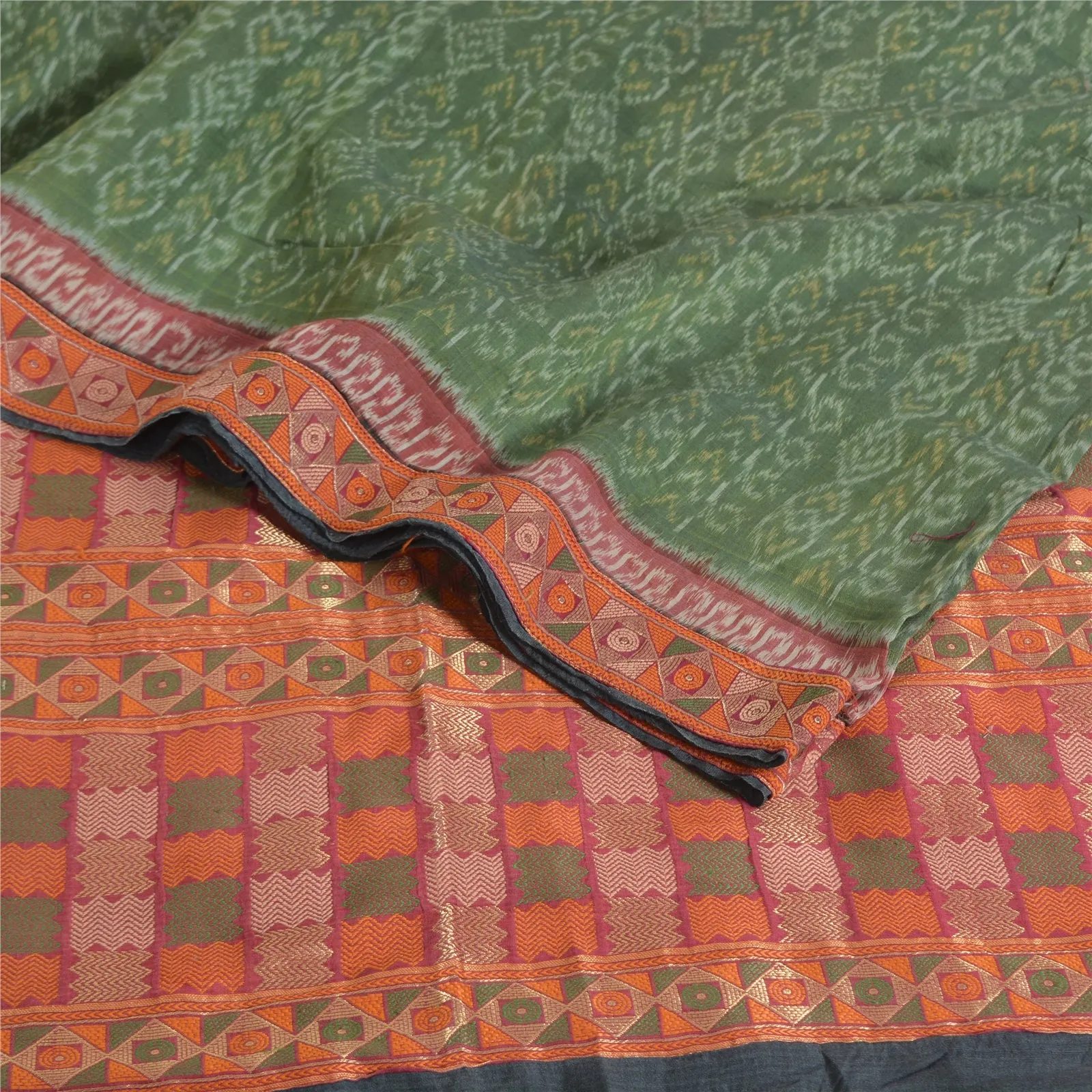 Sanskriti Vintage Saree Green HandWoven Ikat/Patch Pure Cotton Sari Craft Fabric