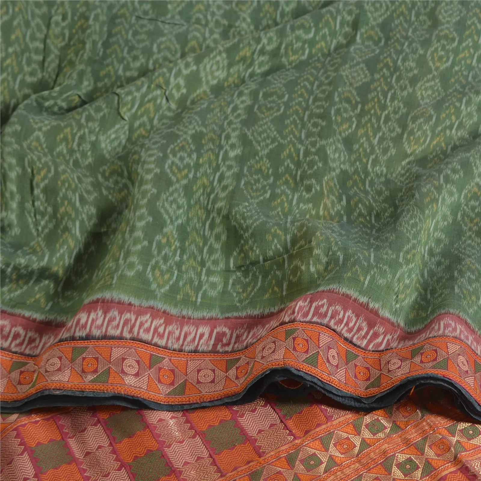 Sanskriti Vintage Saree Green HandWoven Ikat/Patch Pure Cotton Sari Craft Fabric