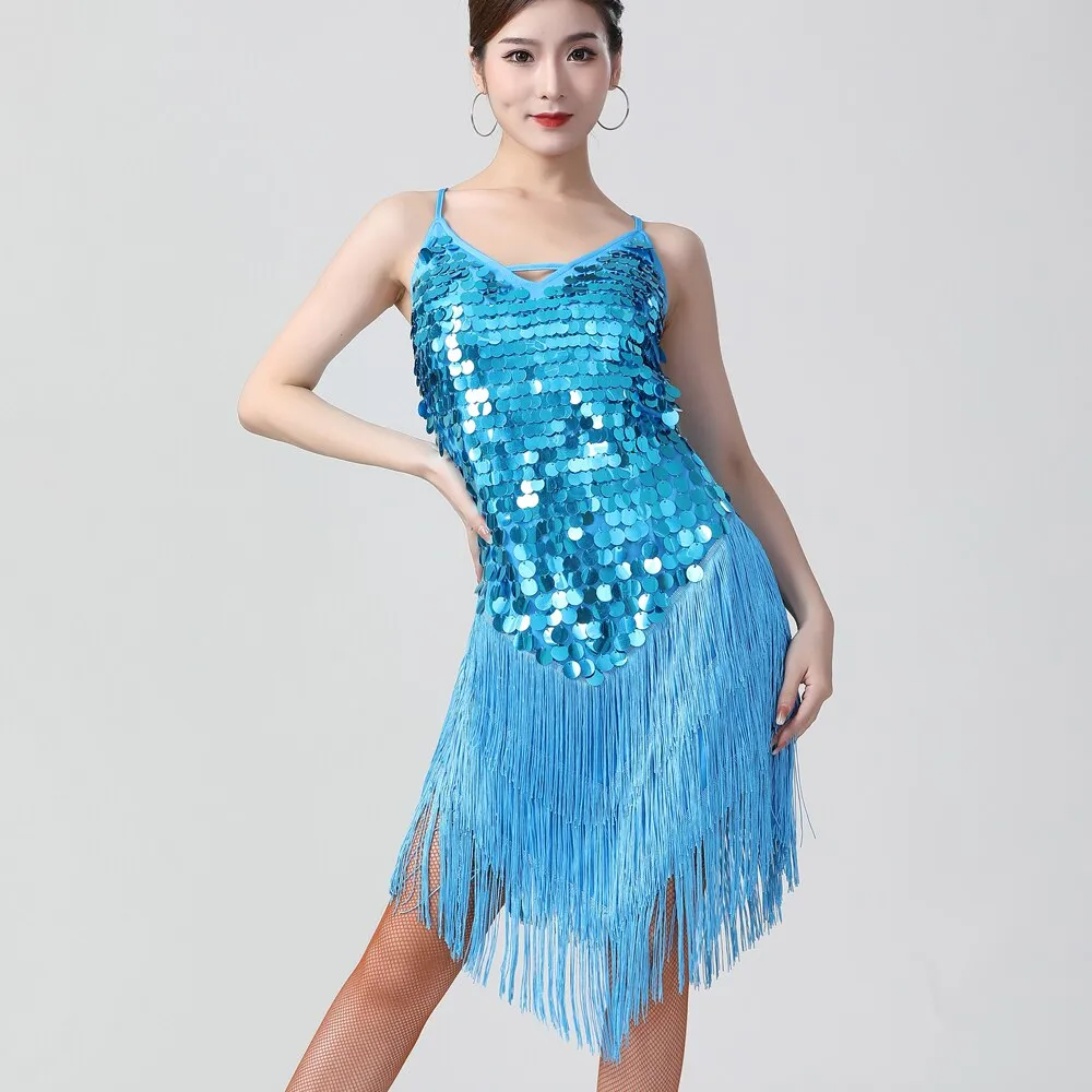 Sexy Shiny V-Neck Sleeveless Back Lace-Up Bodycon Mini Sequin Dress 1920s Flapper Party Fringe Dress