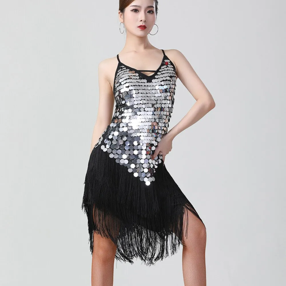 Sexy Shiny V-Neck Sleeveless Back Lace-Up Bodycon Mini Sequin Dress 1920s Flapper Party Fringe Dress