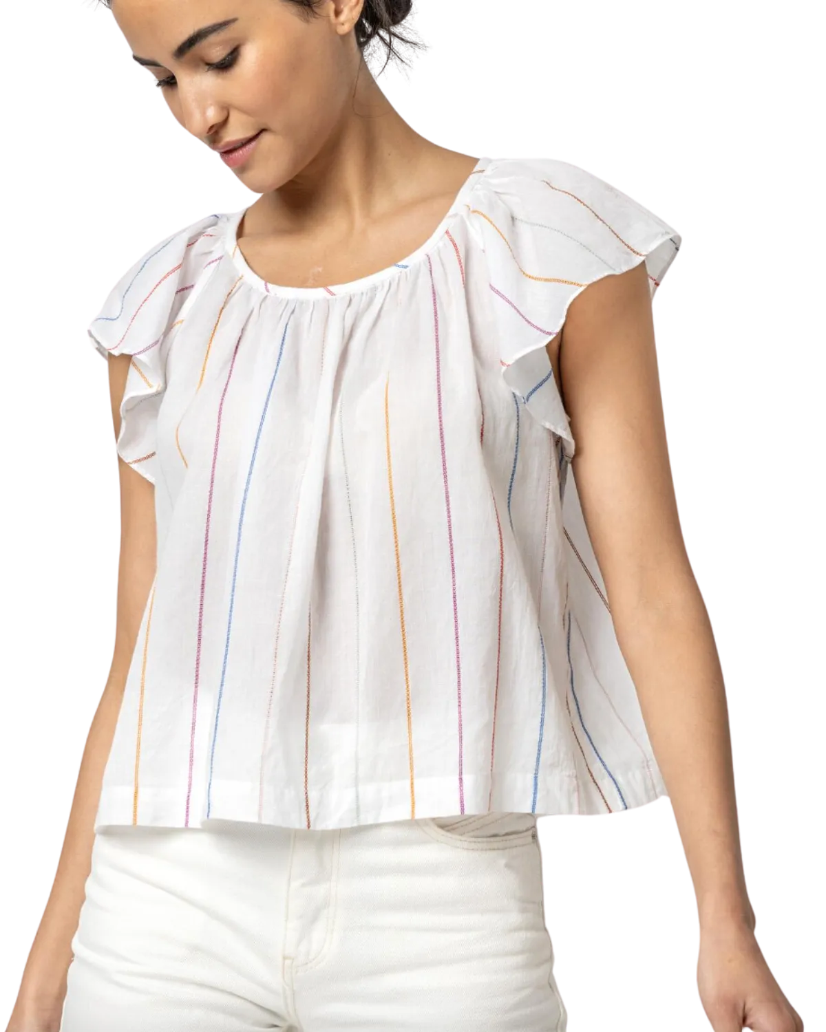 Shirred Short Sleeve Raglan Top (Multi Stripe)