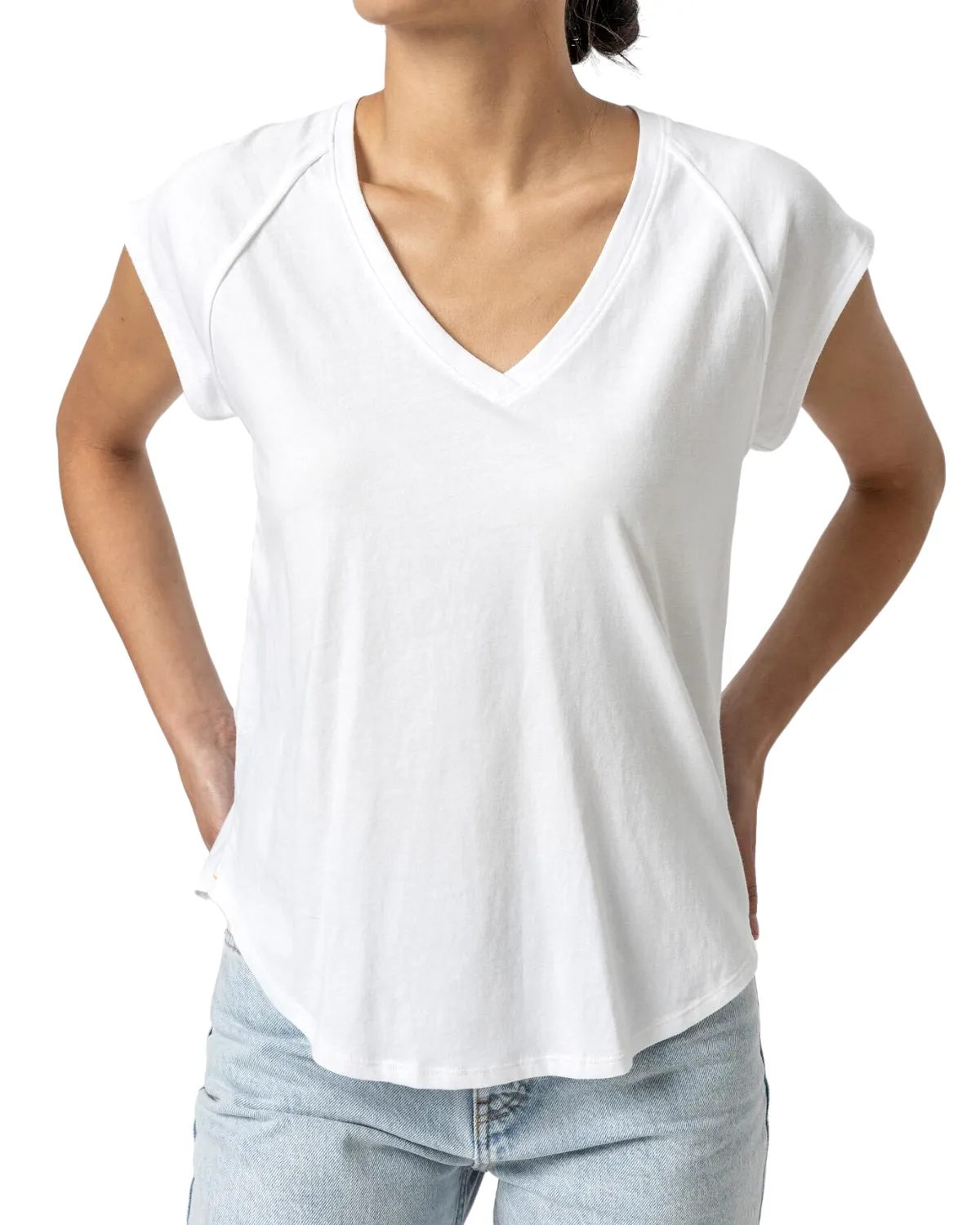 Short Sleeve V-Neck Raglan Tee (White)