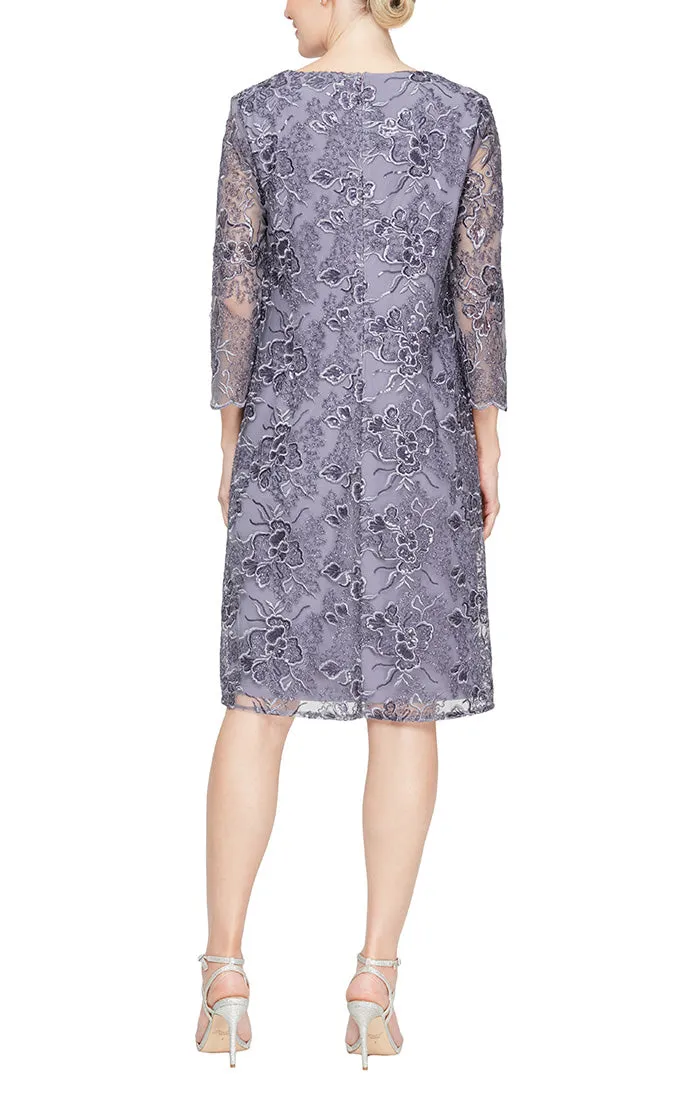 Short Stretch Tulle Embroidered Mock Jacket Dress with Attached Jacket and Illusion Sleeves