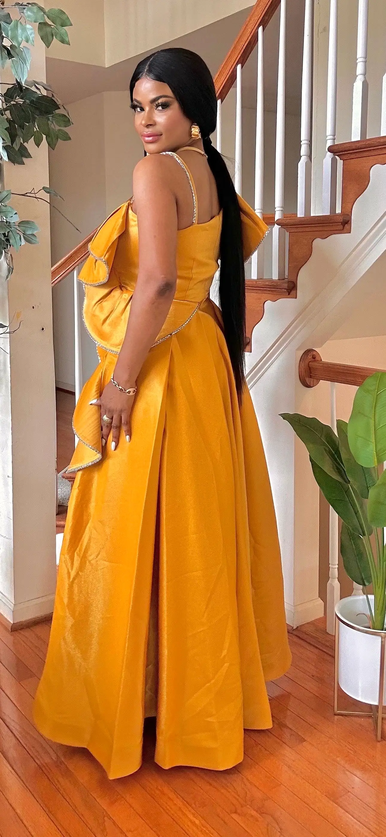 SHORTSLEEVED CREPE MAXI DRESS(MUSTARD)