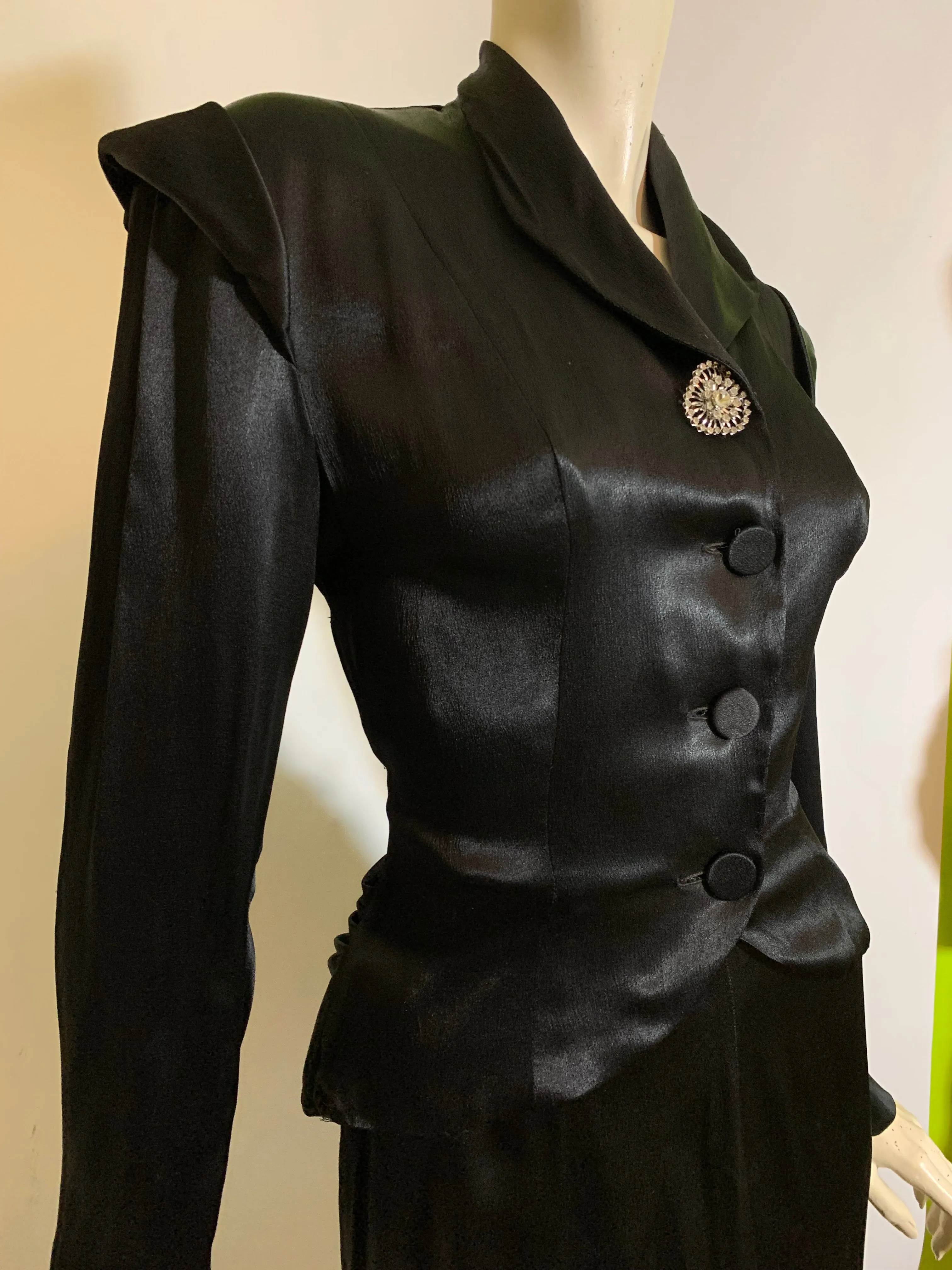 Sleek Black Silk Charmeuse 2 Pc Cocktail Suit with Bustled Drape Back circa 1940s