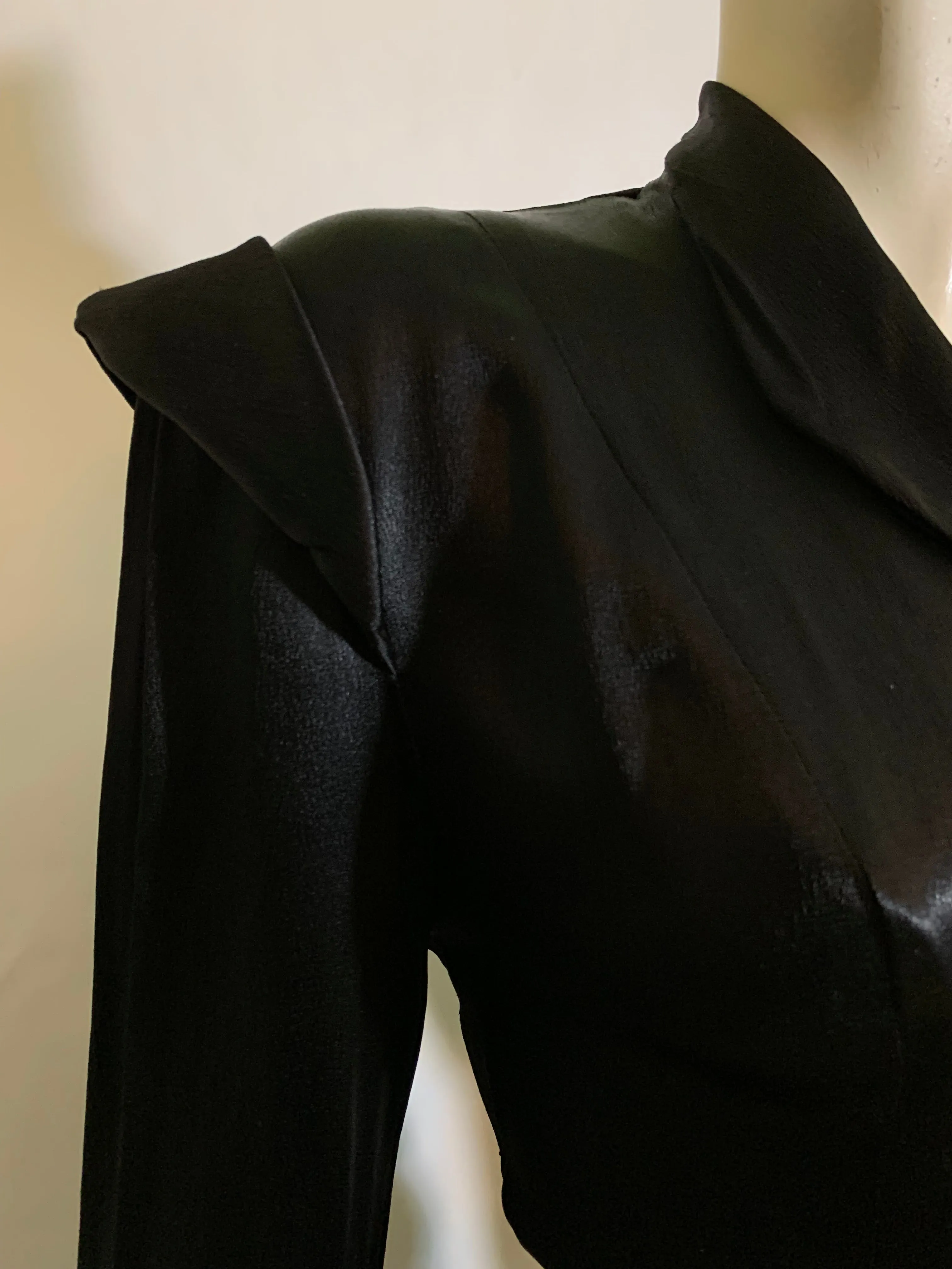 Sleek Black Silk Charmeuse 2 Pc Cocktail Suit with Bustled Drape Back circa 1940s