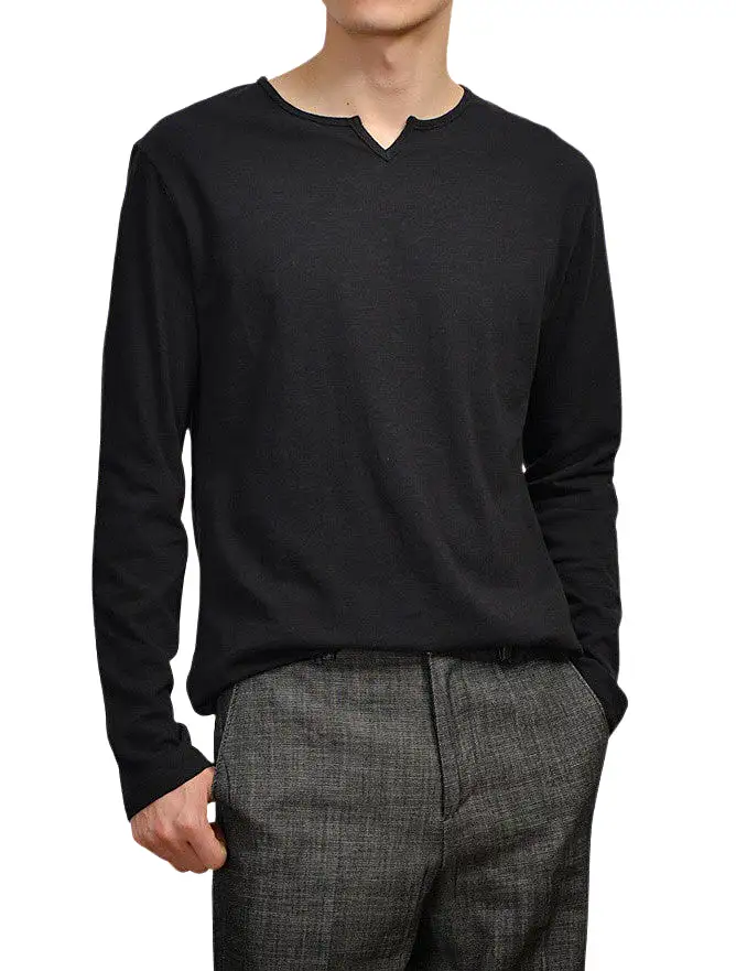 Slit Neck Casual Solid Long Sleeved Tshirts Mens Tees Vneck Tops 100% Cotton Made in Korean