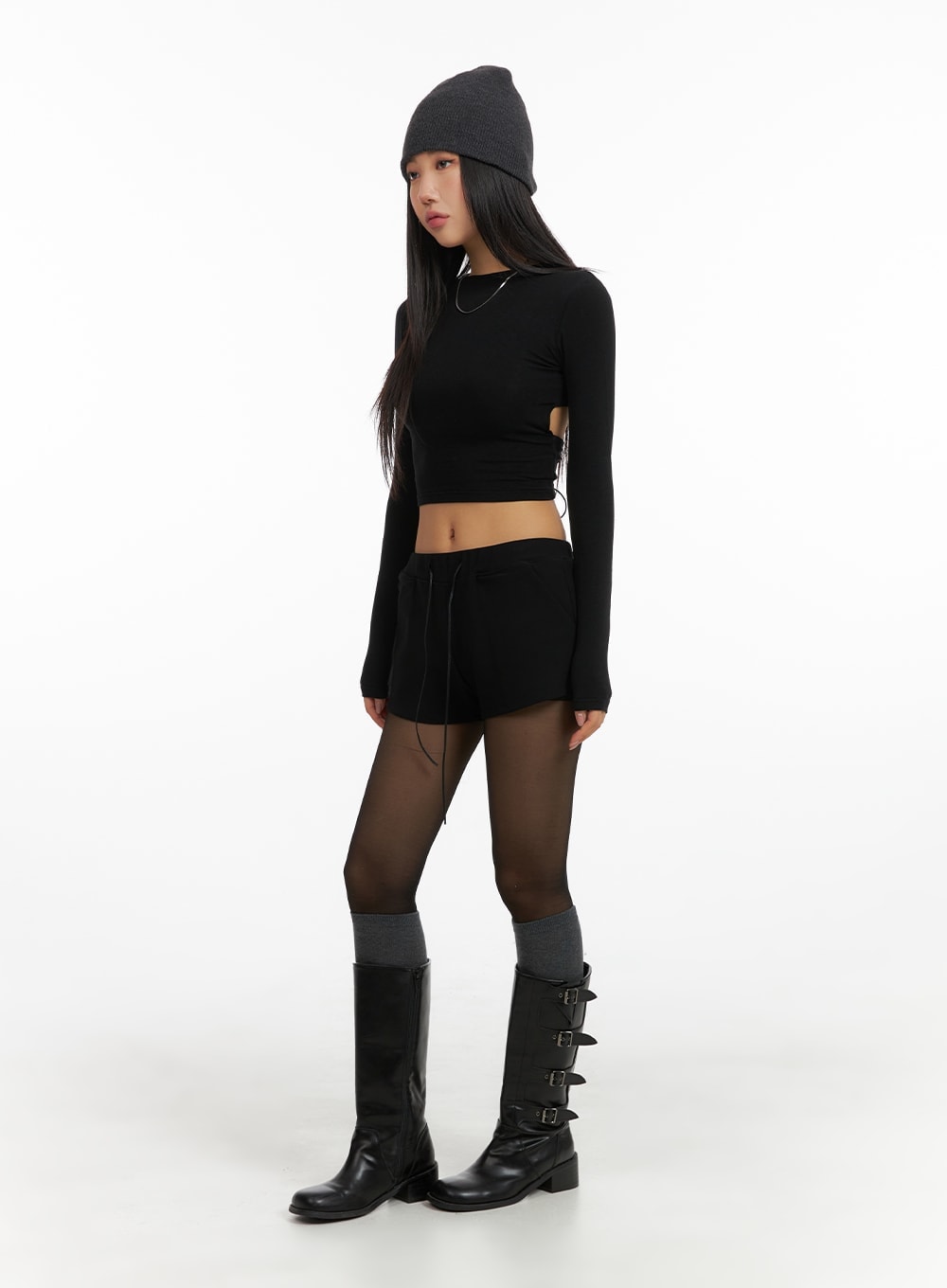 Solid Back Drawstring Cropped Long Sleeve CM408