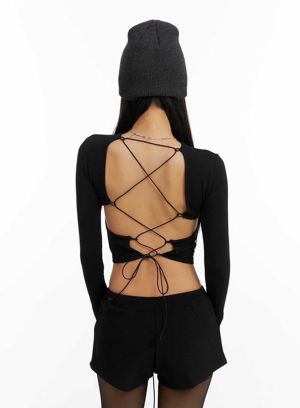 Solid Back Drawstring Cropped Long Sleeve CM408