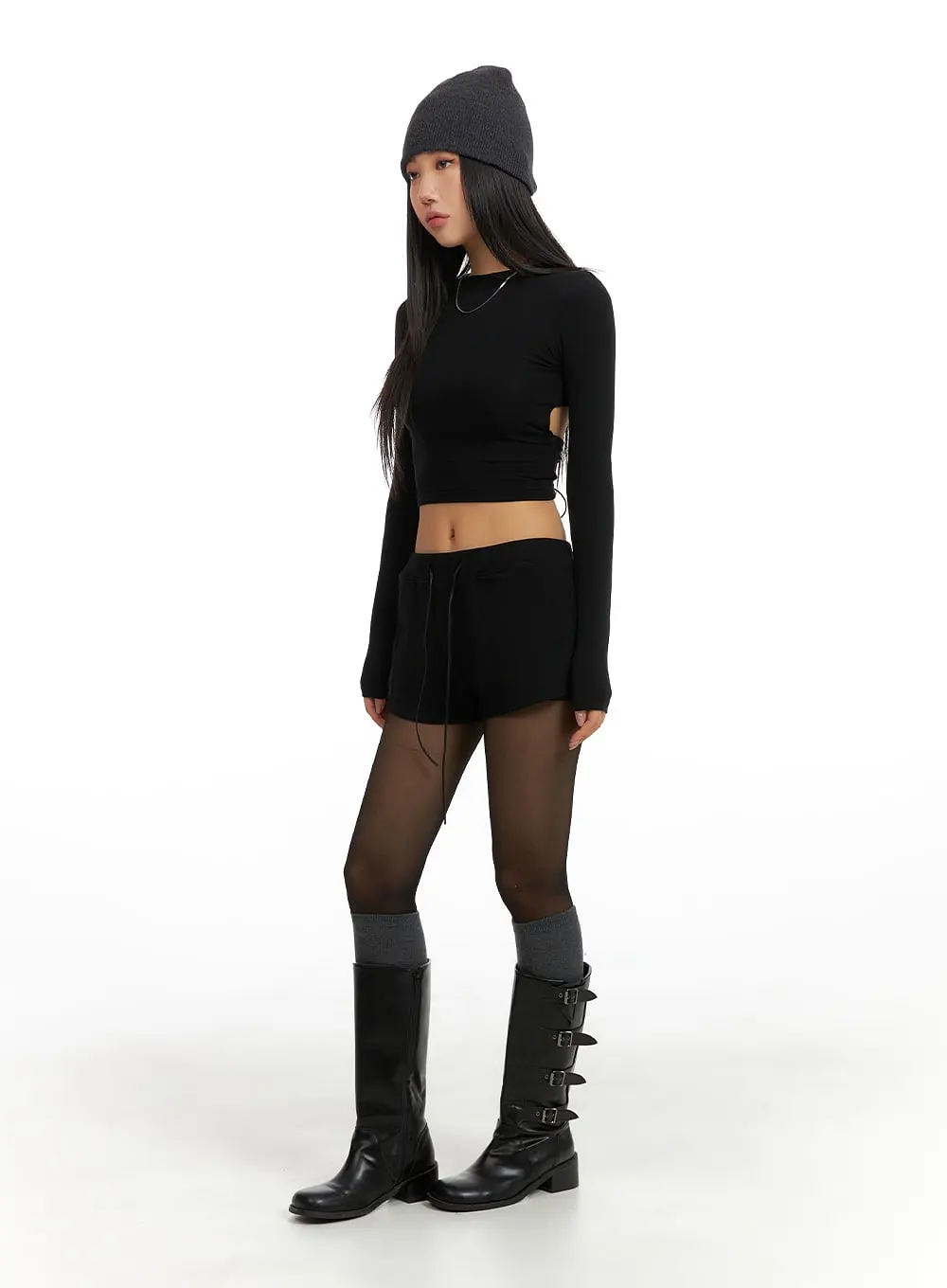 Solid Back Drawstring Cropped Long Sleeve CM408