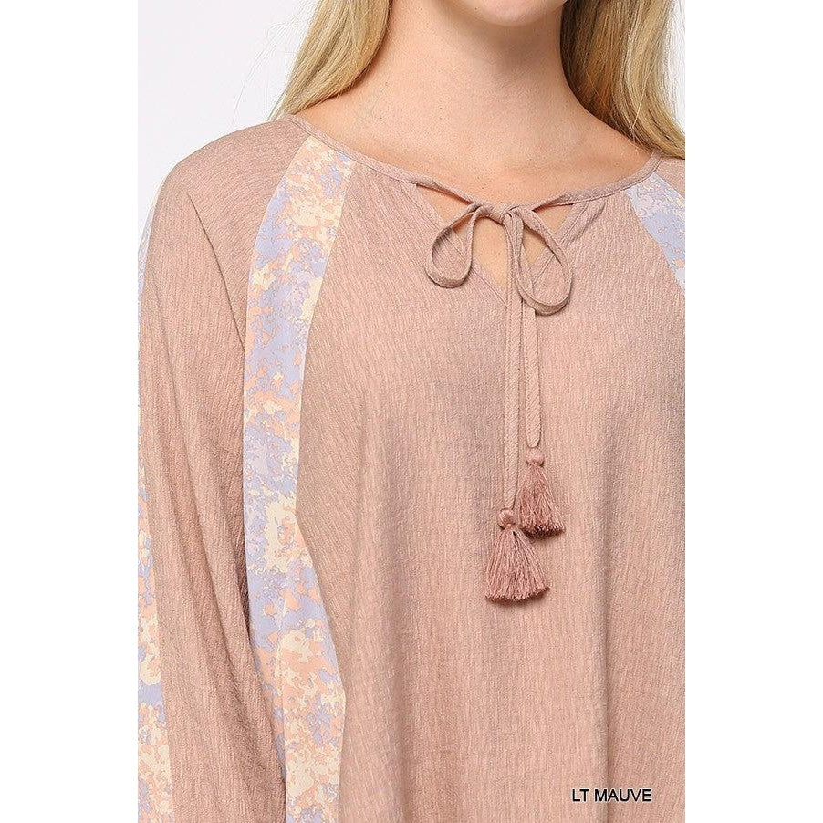 Solid Crinkle And Print Mix Raglan Sleeve Top With Tassel Tie