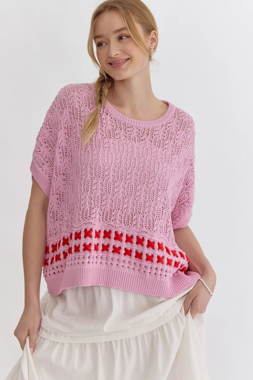 Solid Round Neck Knit Top - Pink