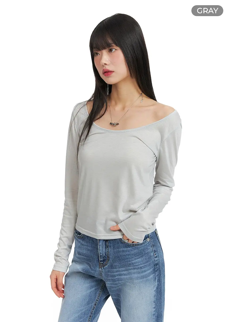 Solid U-Neck Long Sleeve Top CF422