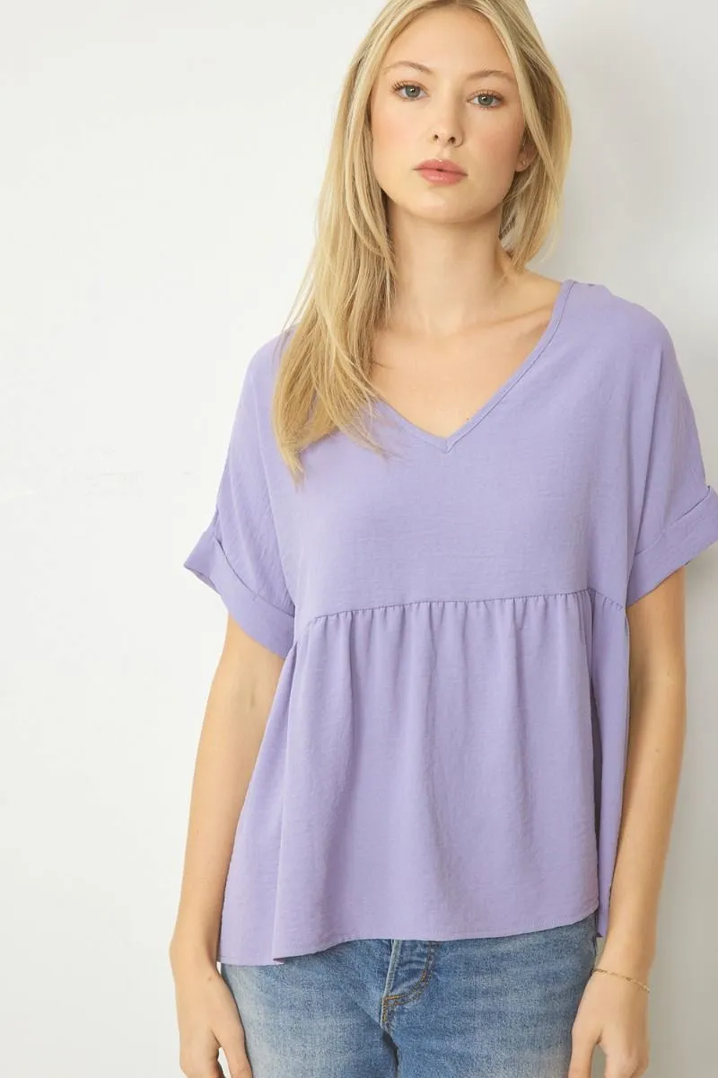 Solid V-neck Babydoll Top - Lavender