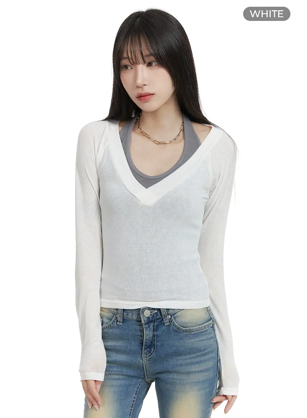 Solid V-Neck Long Sleeve Top CA402