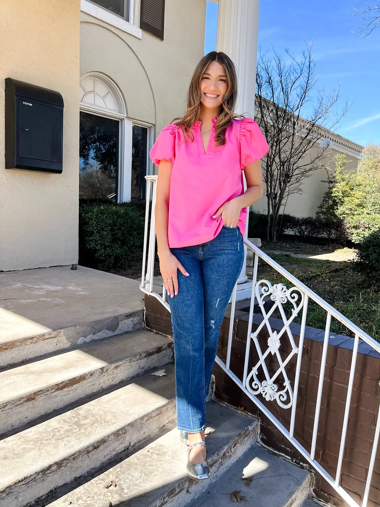 Solid V-Neck Puff Sleeve Blouse - Pink