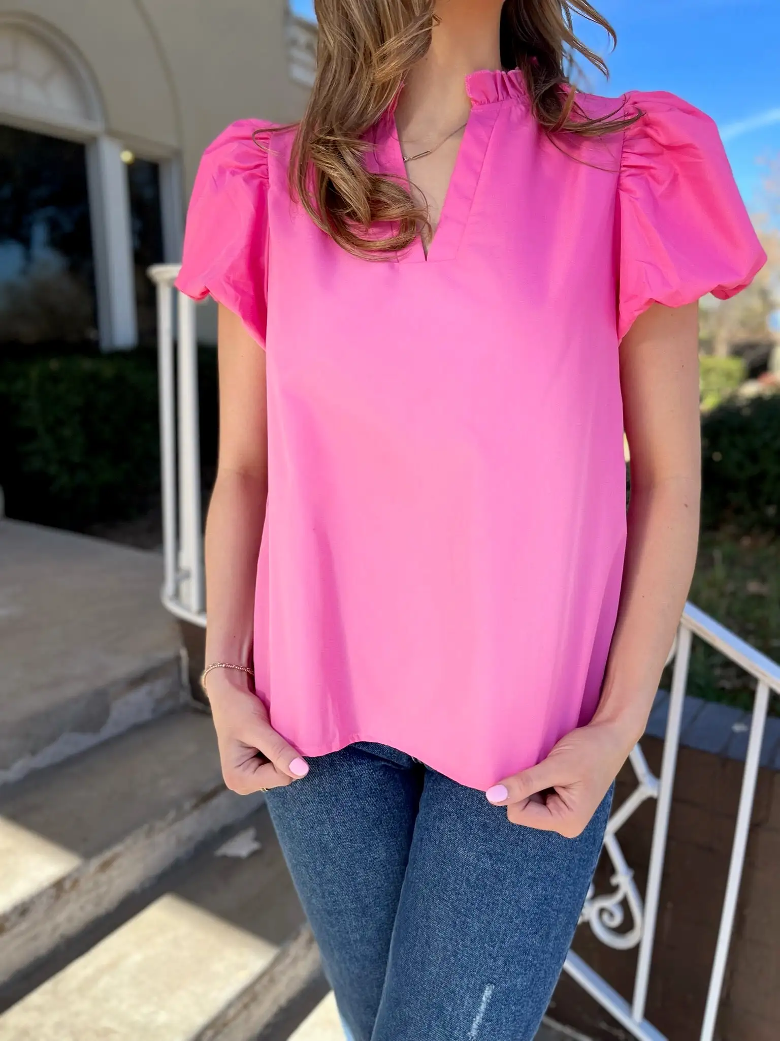 Solid V-Neck Puff Sleeve Blouse - Pink