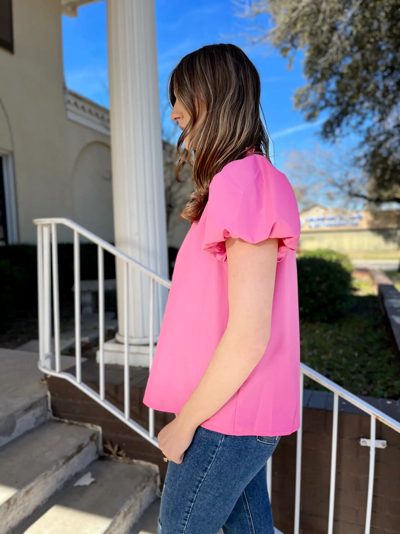 Solid V-Neck Puff Sleeve Blouse - Pink