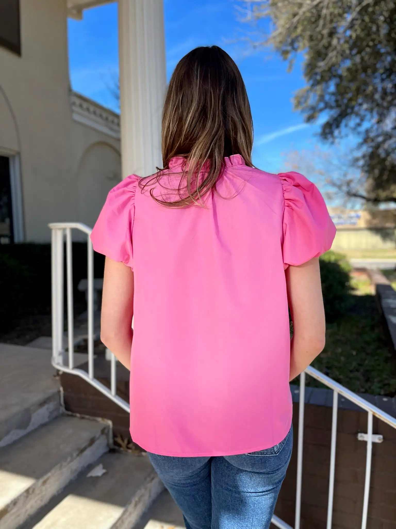 Solid V-Neck Puff Sleeve Blouse - Pink