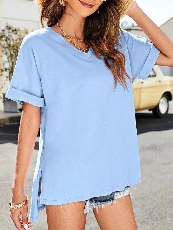 Solid V-Neck Women Top