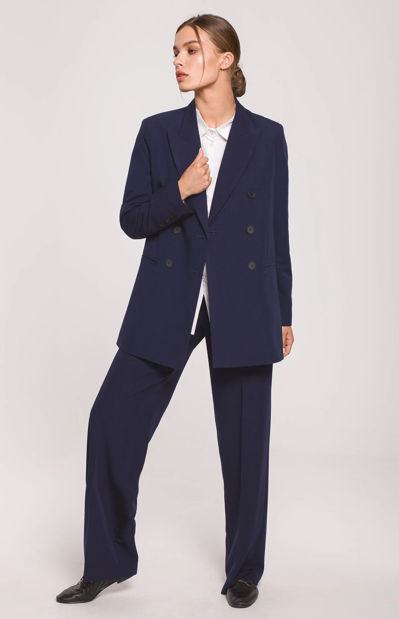 Tailleur pantalon blazer double boutonnage bleu marine