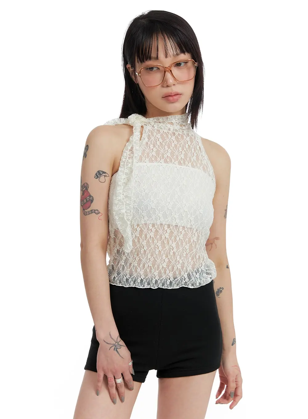 Tie Mesh Lace Sleeveless Top IF423