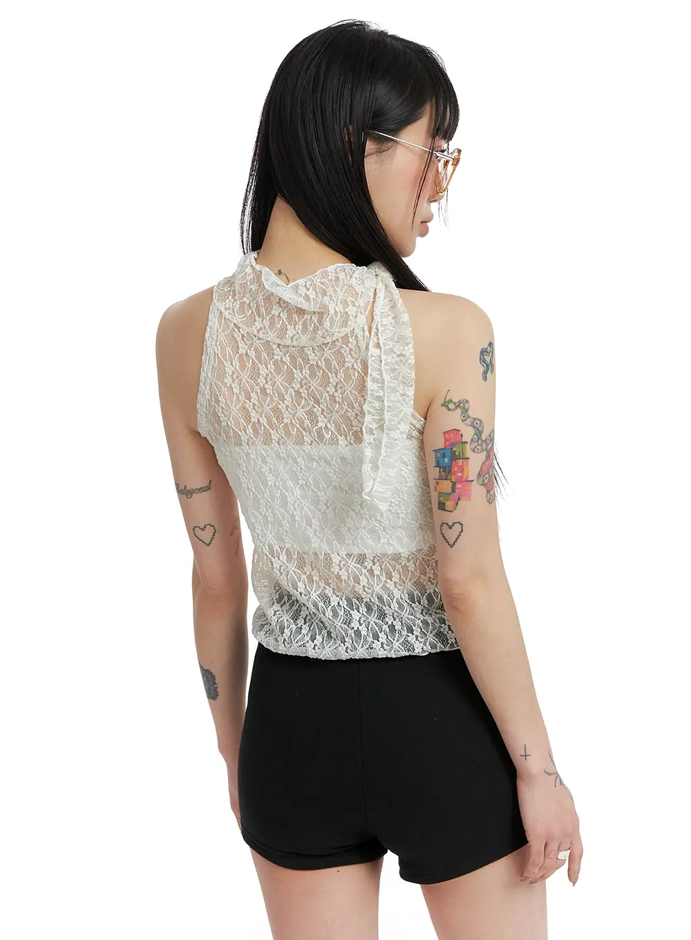 Tie Mesh Lace Sleeveless Top IF423