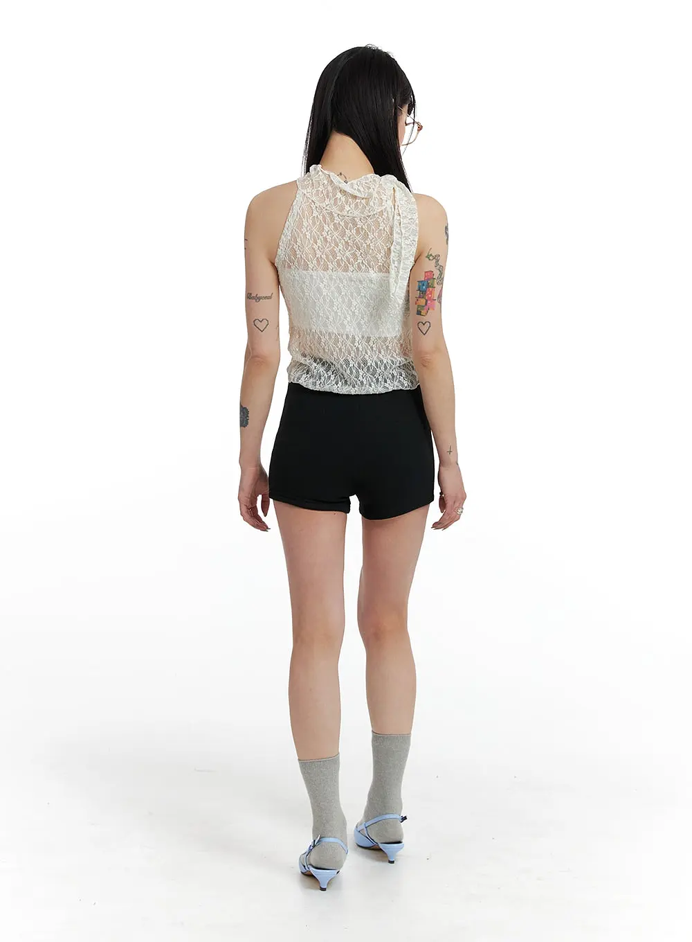 Tie Mesh Lace Sleeveless Top IF423