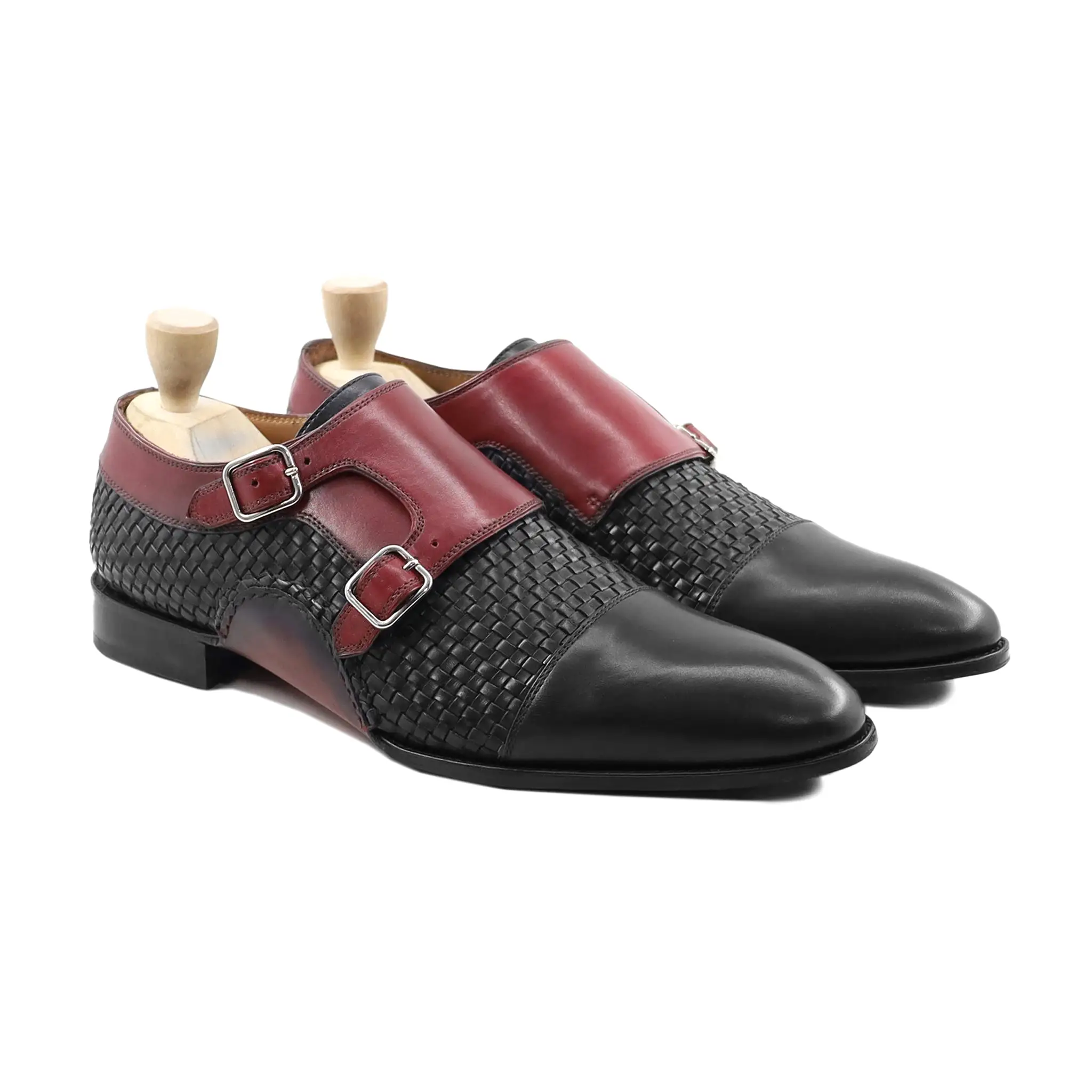 Upplands - Men's Oxblood Calf and Black Hand Woven Double Monkstrap