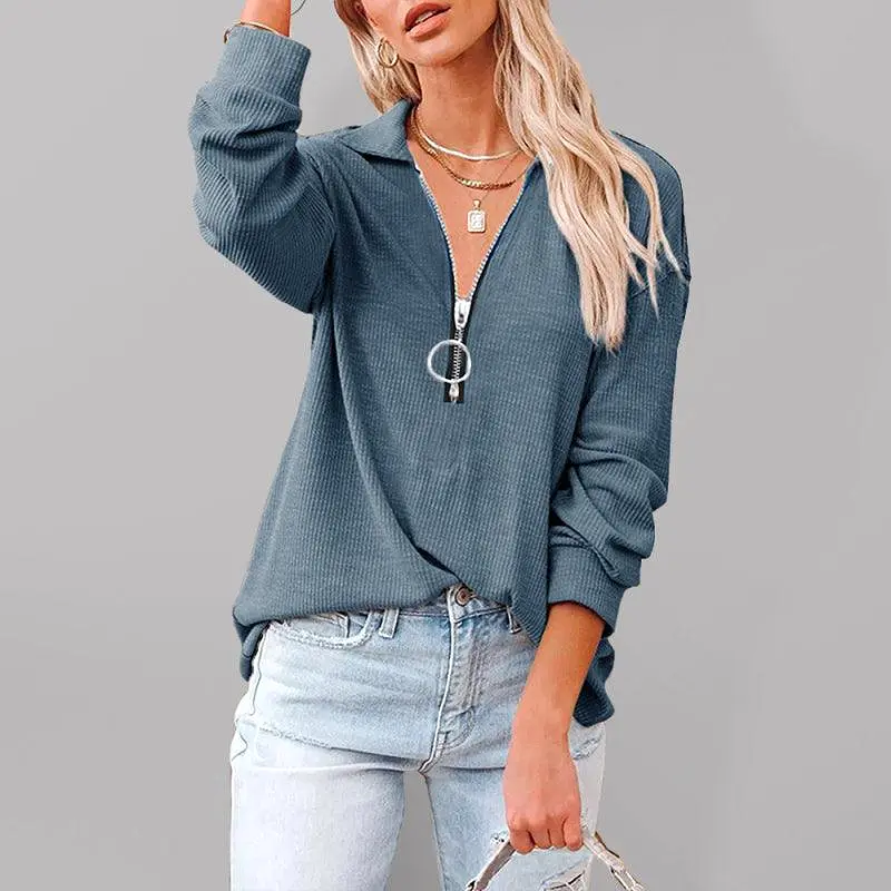 V-Neck Zipper Women Sweatshirt