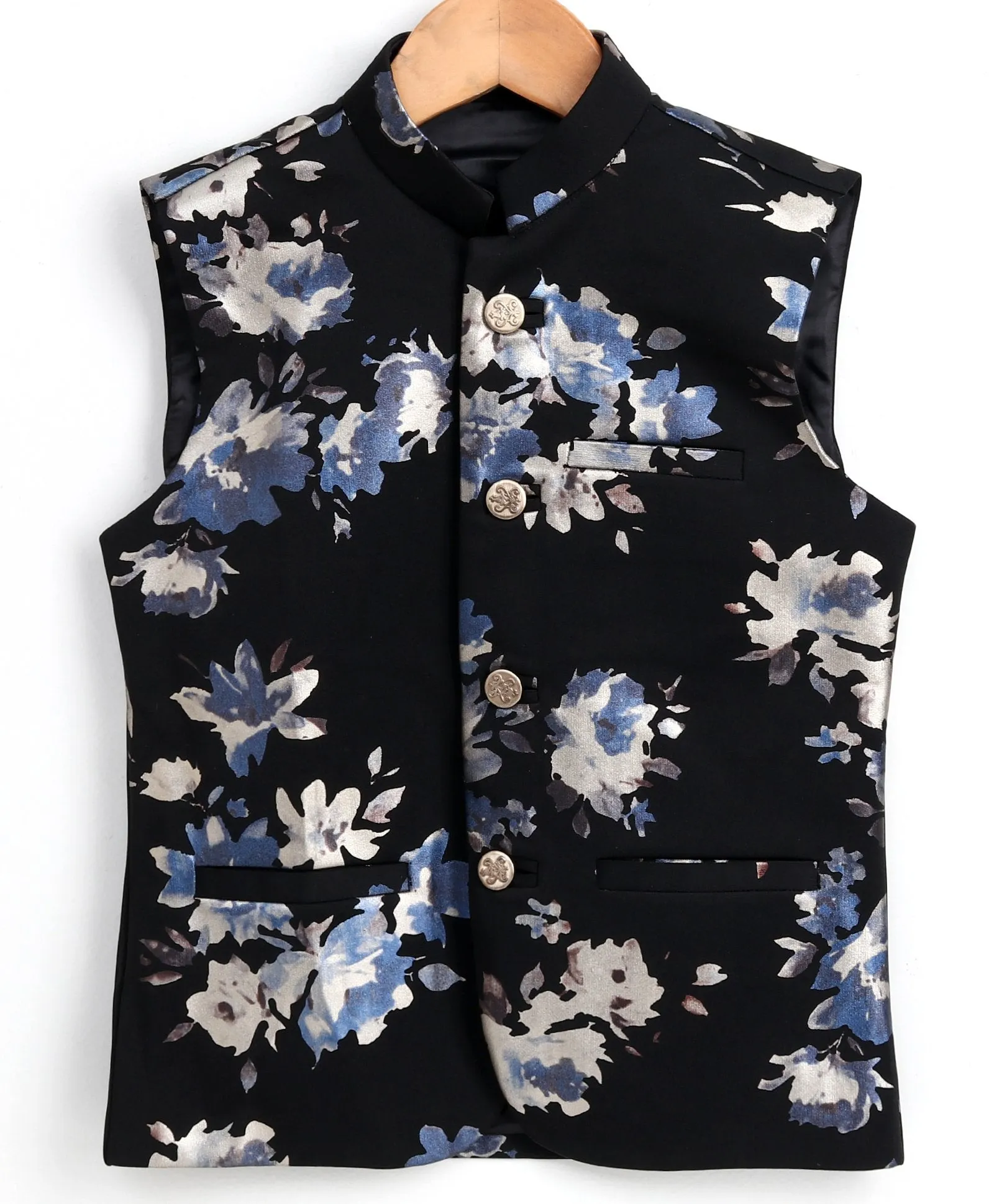 VASTRAMAY BOY'S Digital Foil Printed Black Nehru Jacket